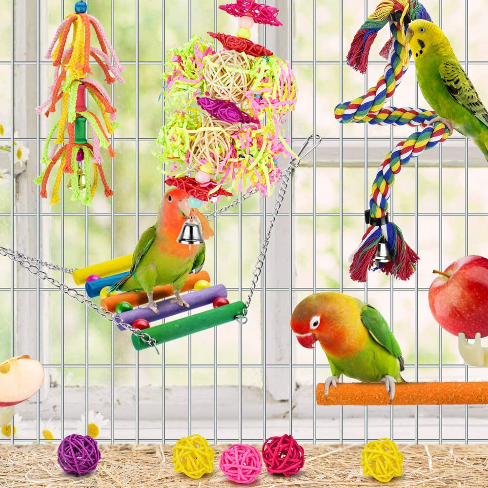 KATUMO Bird Swing Toys, 12 Packs Parrot Chewing Hanging Toys with Bells Rattan Balls Bird Perch Climbing Rope Fruit Forks for Parakeet, Conures, Cockatiel, Mynah, Lovebirds, Finch, Small Pet Birds Animals & Pet Supplies > Pet Supplies > Bird Supplies > Bird Toys KATUMO