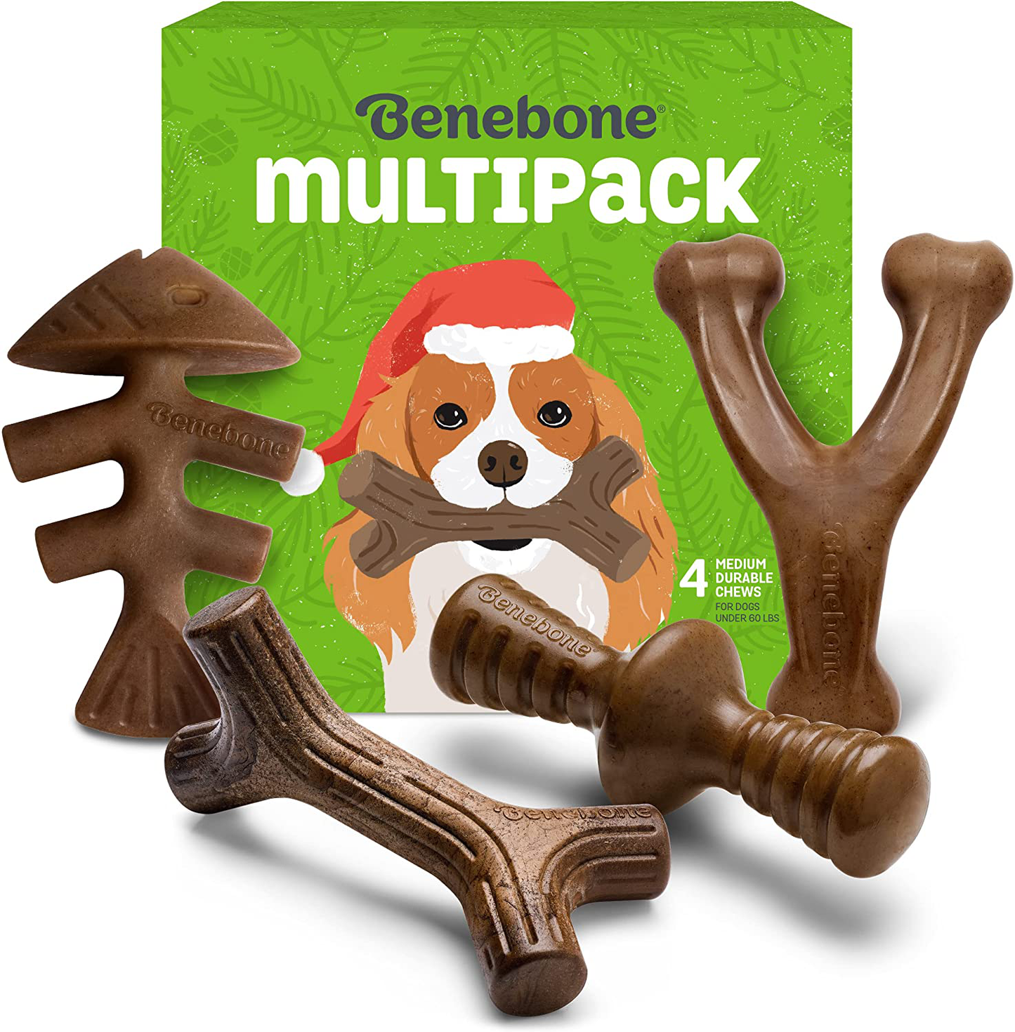 Benebone Holiday 4-Pack Durable Dog Chew Toys for Aggressive Chewers, Real Flavors, Made in USA Animals & Pet Supplies > Pet Supplies > Dog Supplies > Dog Toys Benebone Medium  