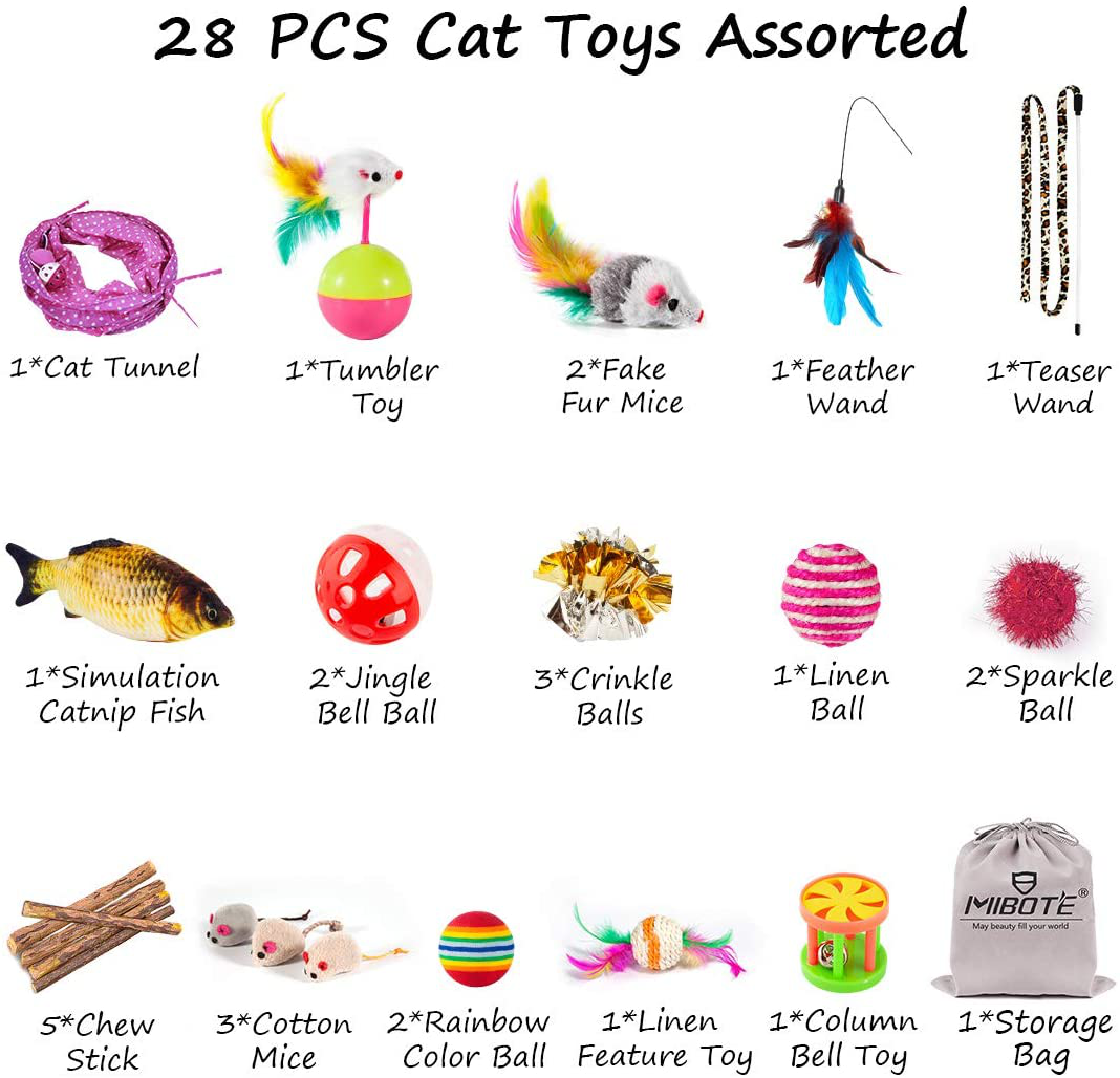 MIBOTE 28Pcs Cat Toys Kitten Toys Assorted, Cat Tunnel Catnip Fish Feather Teaser Wand Fish Fluffy Mouse Mice Balls and Bells Toys for Cat Puppy Kitty Animals & Pet Supplies > Pet Supplies > Cat Supplies > Cat Toys MIBOTE