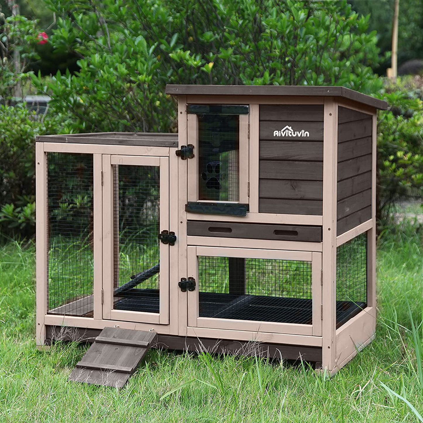 Indoor Outdoor Rabbit Hutch, Bunny Cage on Wheels with 2 Deep No Leakage Pull Out Trays (Coffee) Animals & Pet Supplies > Pet Supplies > Small Animal Supplies > Small Animal Habitats & Cages GUTINNEEN