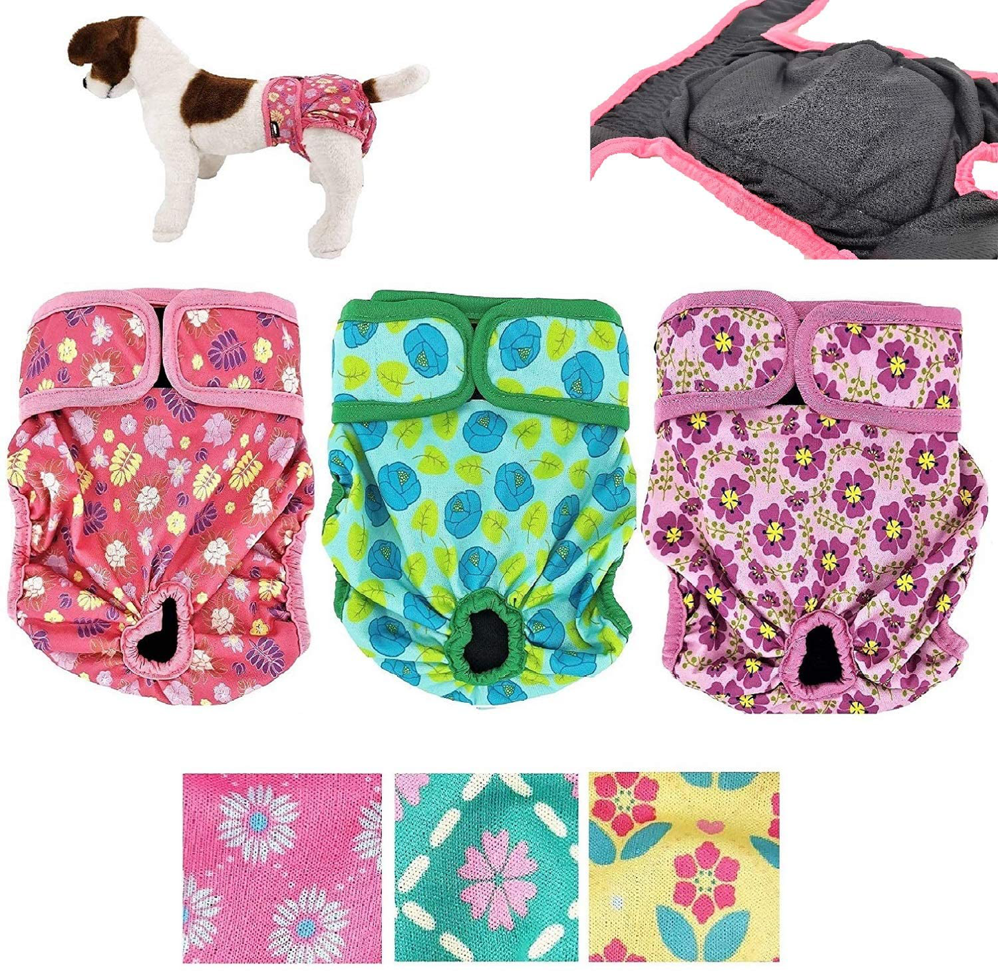 Pack of 3 or 6 Female Dog Diapers with 4 - Layers of Absorbent Pads Cat Panties Waterproof Leak Proof Washable Animals & Pet Supplies > Pet Supplies > Dog Supplies > Dog Diaper Pads & Liners FUNNYDOGCLOTHES Pack of 3 Flowers Pattern L: Waist 20" - 26"