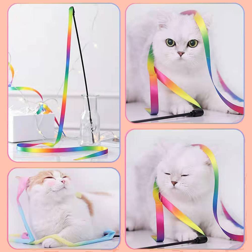 LASOCUHOO Interactive Cat Rainbow Wand Toys, Interactive Cat Teaser Wand String, Colorful Ribbon Charmer for Kittens - 2 PCS Animals & Pet Supplies > Pet Supplies > Cat Supplies > Cat Toys LASOCUHOO
