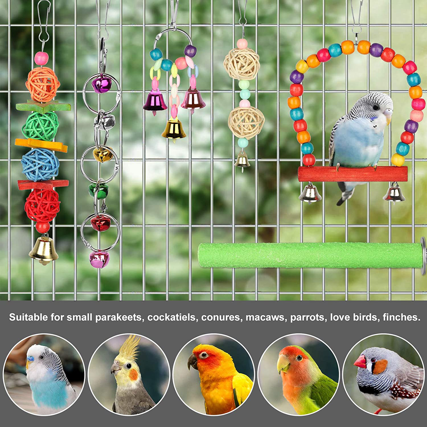 SUNJOYCO 13 Pack Bird Parrot Swing Toys Colorful Hanging Hammock Bell Cage Chewing Climbing Toys for Small Parakeets Conures Cockatiels Macaws Finches Love Birds Animals & Pet Supplies > Pet Supplies > Bird Supplies > Bird Cage Accessories SUNJOYCO