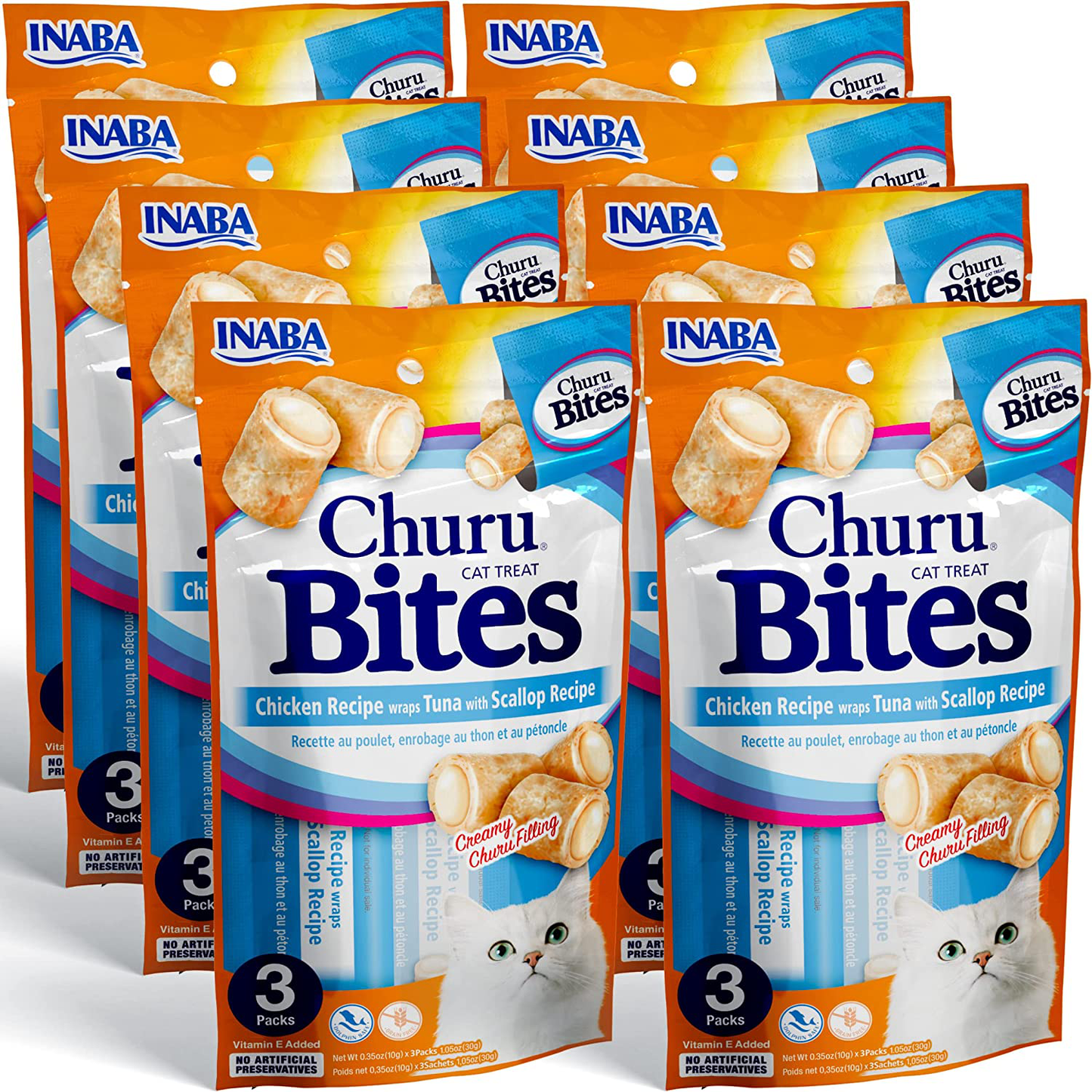 INABA Churu Bites for Cats, Grain-Free, Soft/Chewy Baked Chicken Wrapped Churu Filled Cat Treats with Vitamin E, 0.35 Ounces Each Tube| 24 Tubes Total (3 per Pack) Animals & Pet Supplies > Pet Supplies > Cat Supplies > Cat Treats INABA Tuna with Scallop Recipe