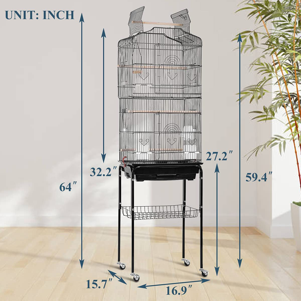 Bird Cage, 64 Inch Open Top Parakeet Cage with Rolling Stand for Medium Small Cockatiel Macaw Conure Lovebird Canary Bird Wrought Iron Flight Pet House with Storage Shelf Animals & Pet Supplies > Pet Supplies > Bird Supplies > Bird Cages & Stands Dkeli