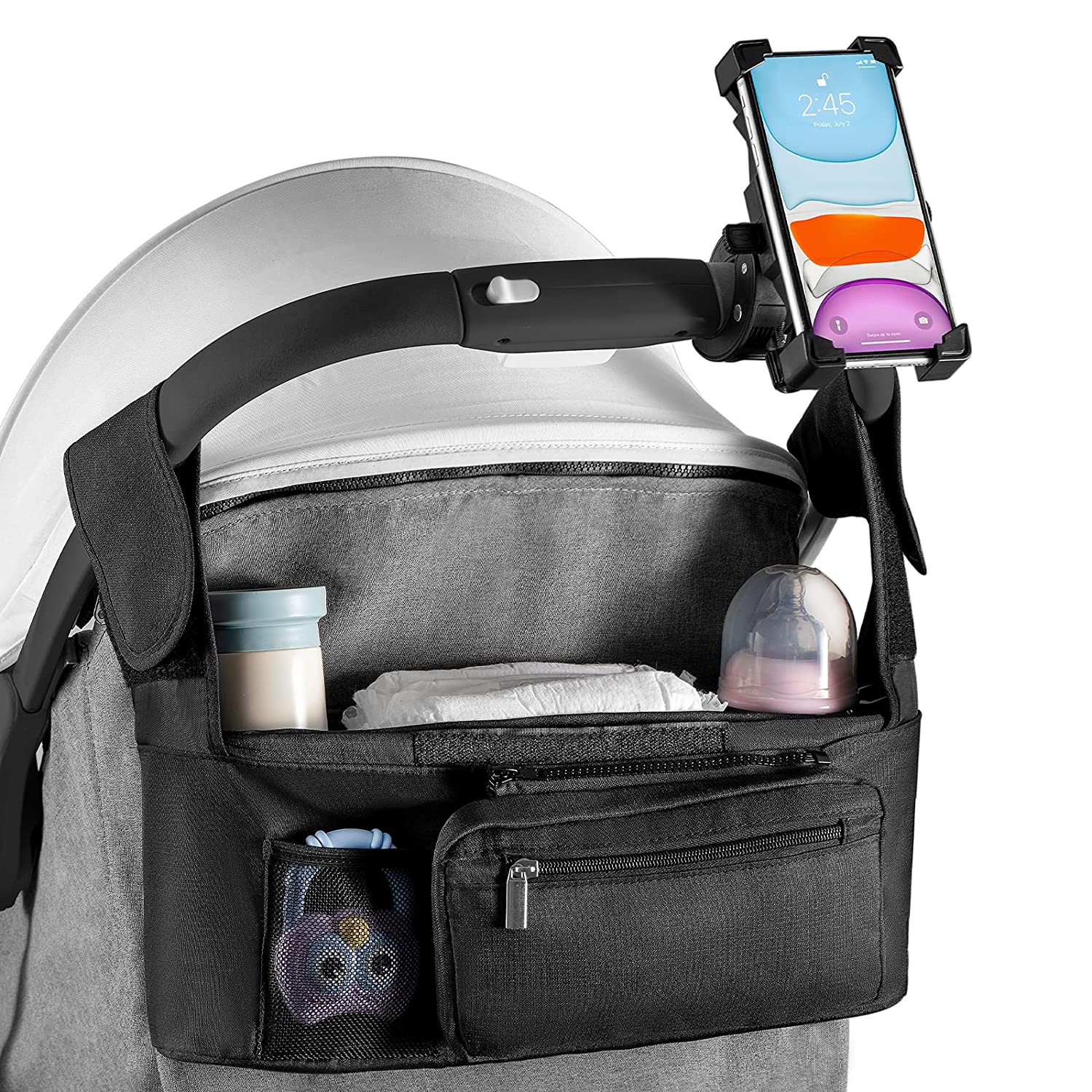 Momcozy Universal Stroller Organizer With Insulated Cup Holder Phone Bag  Black