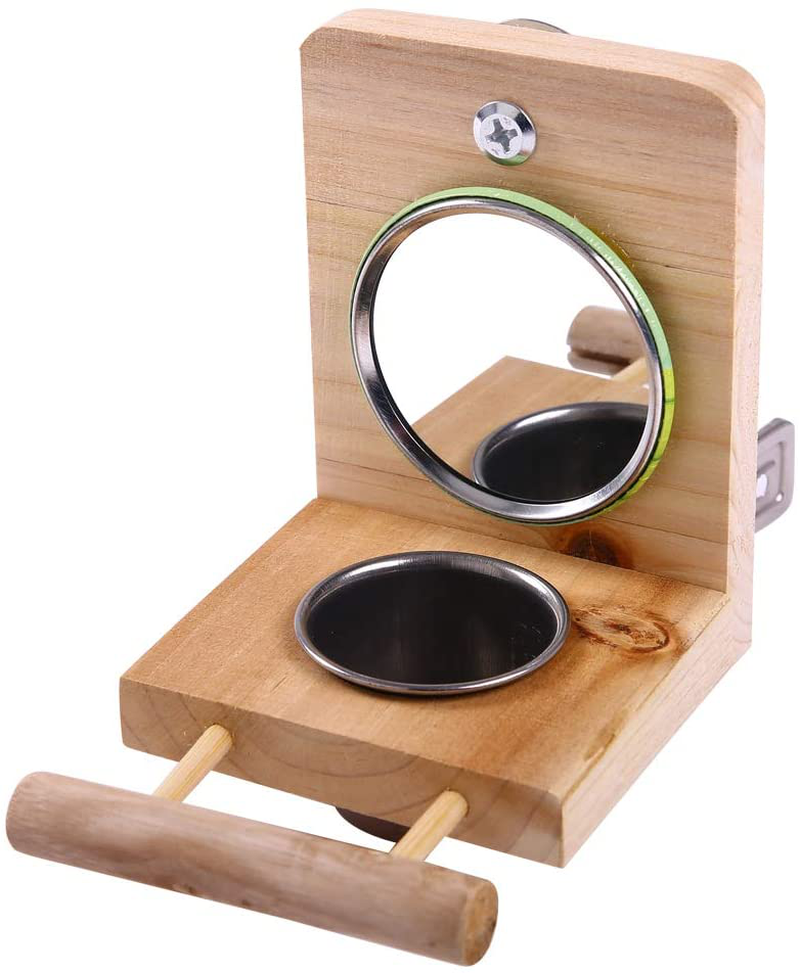 QBLEEV Parrots Mirror Play Stand Playpen,Birds Wooden Toys Perch Playground,Birdcage Playgym with Feeder Cups Dishes for Macaws Lovebird Cockatoo Parakeet Conure Finch Cockatiels Animals & Pet Supplies > Pet Supplies > Bird Supplies > Bird Gyms & Playstands QBLEEV