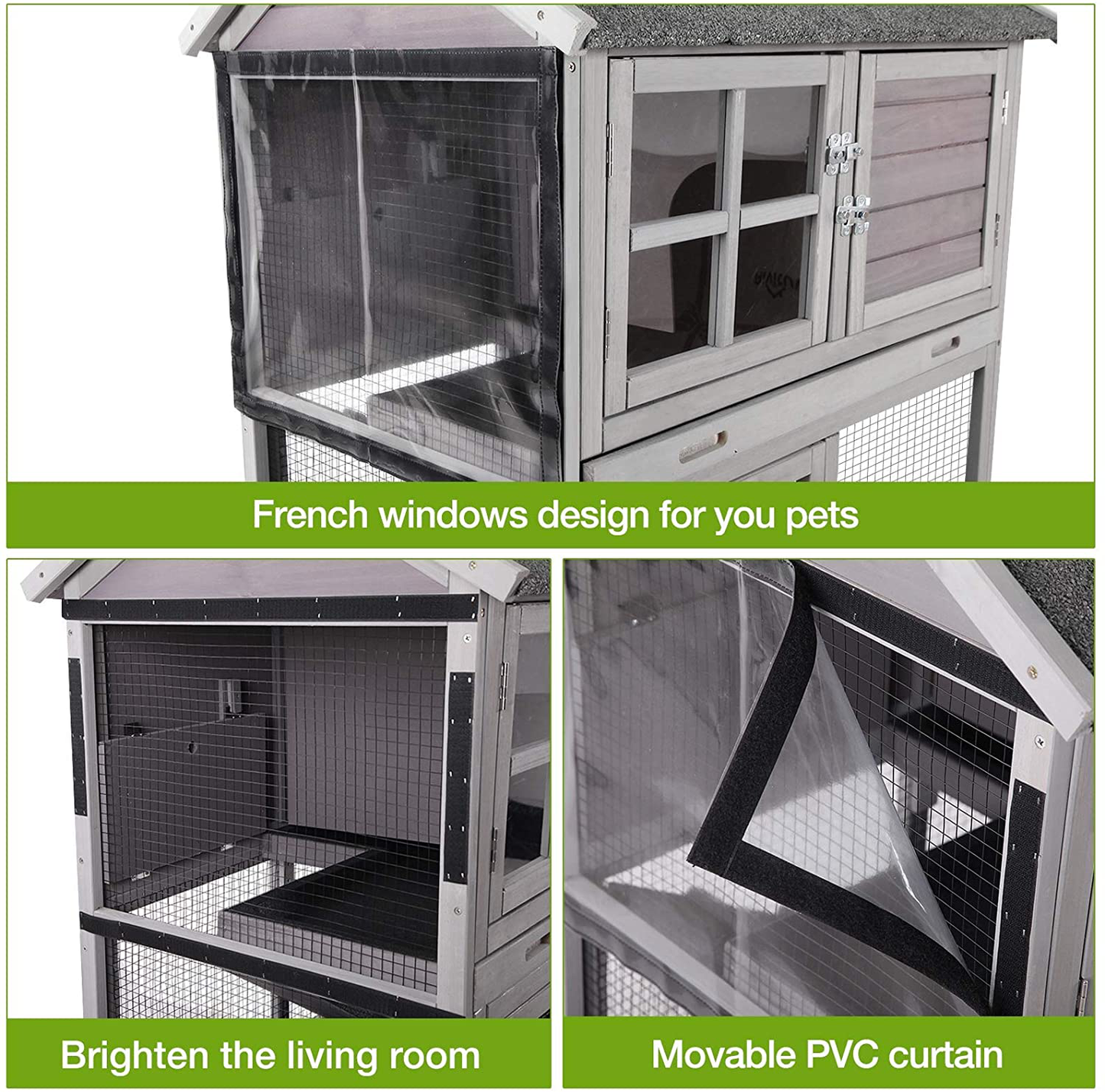 Rabbit Hutch Indoor Rabbit Cage for Small Animals Outdoor Bunny Cage with Movable Wire Netting, Guinea Pig Habitat on Wheels,Pull Out Leak Proof Tray (Grey+Camel) Animals & Pet Supplies > Pet Supplies > Small Animal Supplies > Small Animal Habitats & Cages GUTINNEEN   