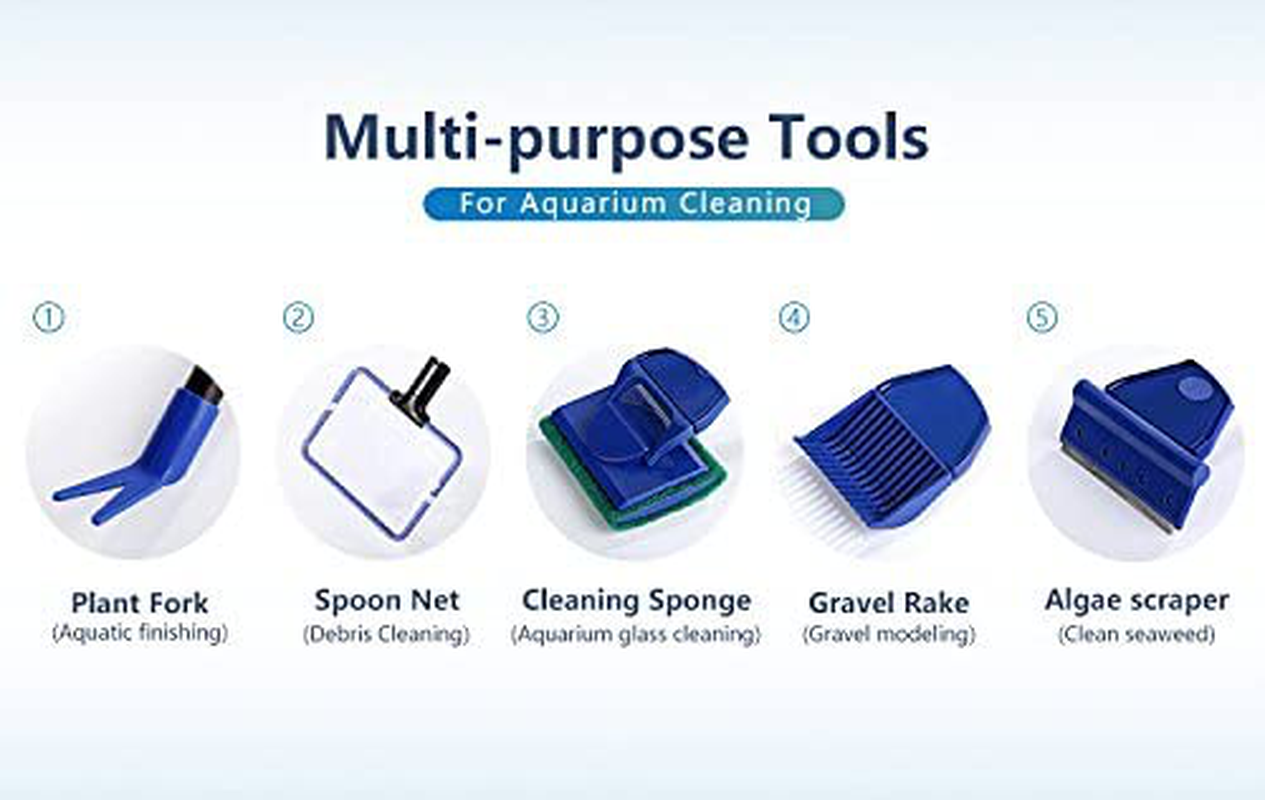 Aquatichi 5 in 1 Multi-Function Aquarium/Fish Tank Cleaning Tool, Algae Scraper, Fish Net, Sponge, Plant Fork, Gravel Rake for Long Deep Fish Tanks Animals & Pet Supplies > Pet Supplies > Fish Supplies > Aquarium Cleaning Supplies AquaticHI