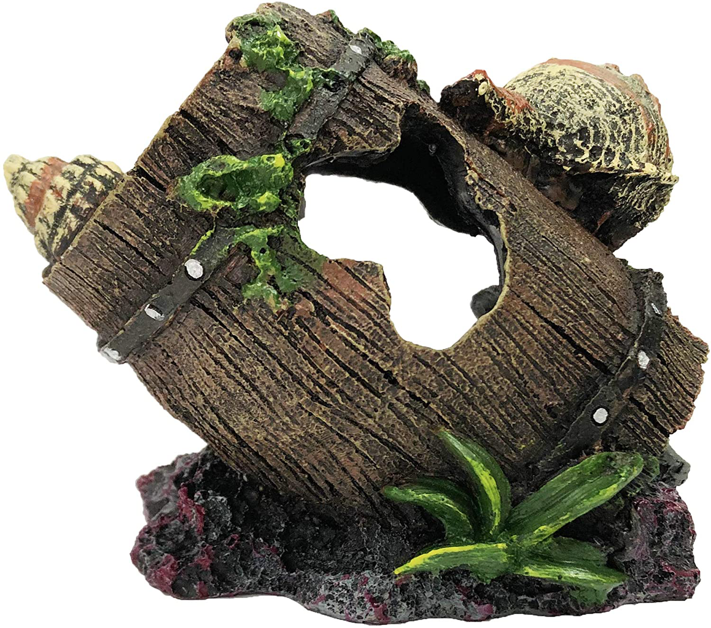 SLOCME Aquarium Broken Barrel with Conch Decorations - Betta Cave Hideout Fish Tank Barrel Ornament Animals & Pet Supplies > Pet Supplies > Fish Supplies > Aquarium Decor SLOCME