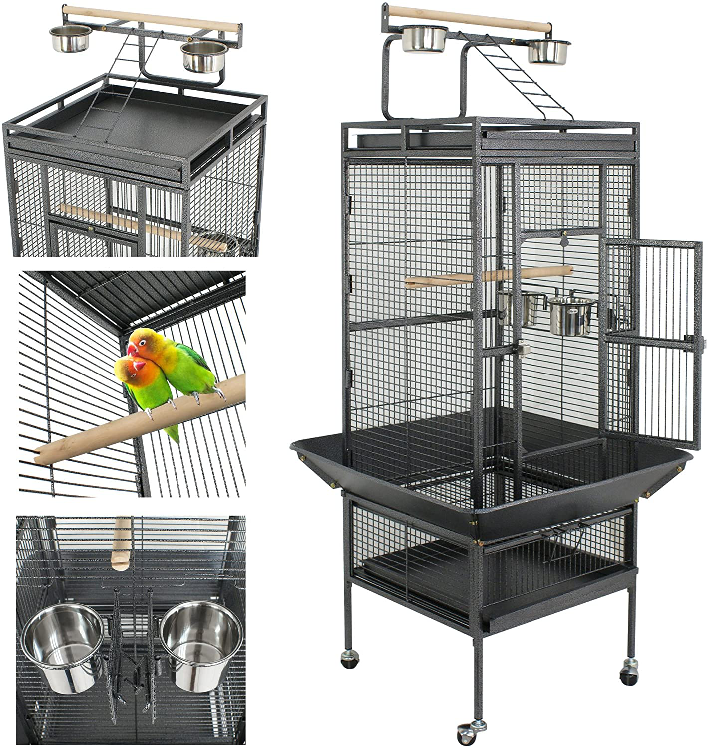 SUPER DEAL PRO 61'' 2In1 Large Bird Cage with Rolling Stand Parrot Chinchilla Finch Cage Macaw Conure Cockatiel Cockatoo Pet House Wrought Iron Birdcage, Black Animals & Pet Supplies > Pet Supplies > Bird Supplies > Bird Cage Accessories SUPER DEAL