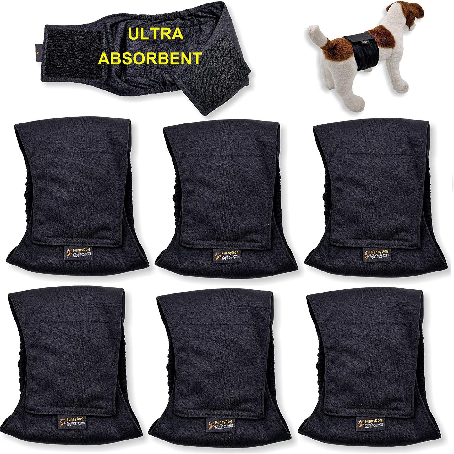 Funnydogclothes Pack of 3 or 6 Male Dog Diapers 4 - Layers of Absorbent Pads Waterproof Leak Proof Belly Band Wrap Washable Animals & Pet Supplies > Pet Supplies > Dog Supplies > Dog Diaper Pads & Liners FunnyDogClothes PACK of 6 Black XL: Waist 20" - 26"