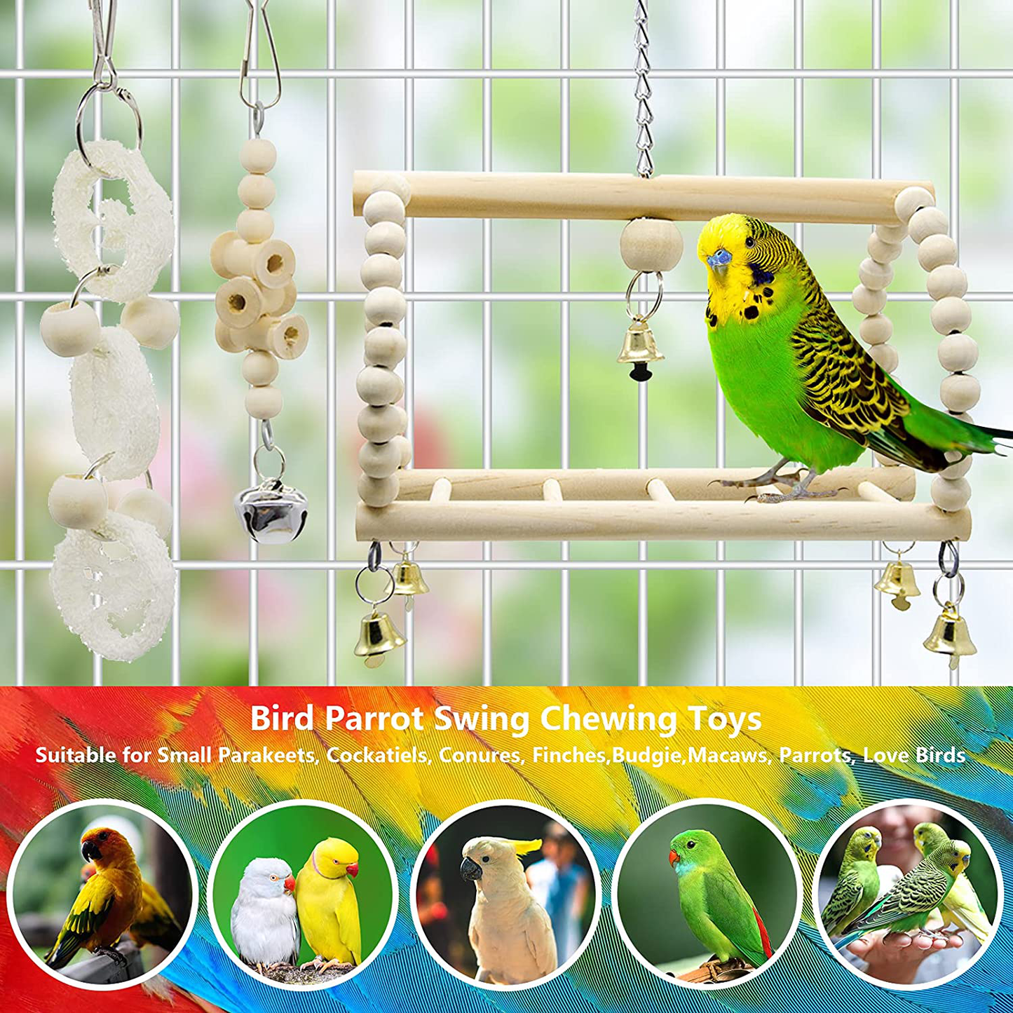 Deloky 7 Packs Bird Parrot Swing Chewing Toys-Hanging Bell Bird Cage Toys Suitable for Small Parakeets, Cockatiels, Conures, Finches,Budgie,Macaws, Parrots, Love Birds Animals & Pet Supplies > Pet Supplies > Bird Supplies > Bird Cage Accessories Deloky
