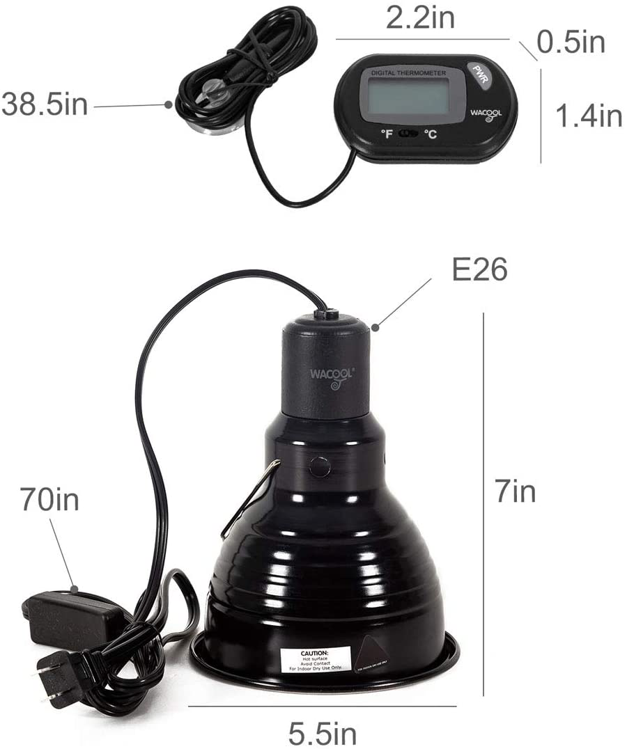 WACOOL Reptile Light Fixture 5.5 Inch & Thermometer, Pack of 2 PCS Deep Dome Cap Lamp Fixture Optical Reflection Cover & Temperature Gauge for Reptile Heat Lamp UVA UVB Light Bulb Animals & Pet Supplies > Pet Supplies > Reptile & Amphibian Supplies > Reptile & Amphibian Habitat Accessories wacool