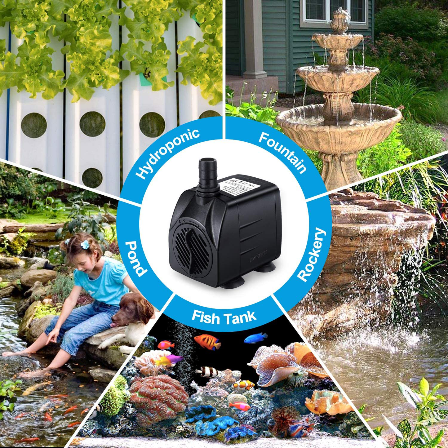 CWKJ Fountain Pump, 220GPH(15W 900L/H) Submersible Water Pump, Durable Outdoor Fountain Water Pump with 7.2Ft(2.2M) Power Cord, 3 Nozzles for Aquarium, Pond, Fish Tank, Water Pump Hydroponics Animals & Pet Supplies > Pet Supplies > Fish Supplies > Aquarium & Pond Tubing CWKJTOP