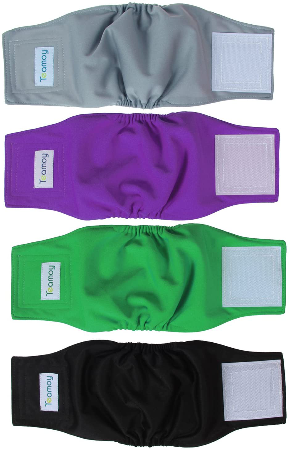 Teamoy 4 Pcs Reusable Wrap Diapers for Male Dogs, Washable Puppy Belly Band Animals & Pet Supplies > Pet Supplies > Dog Supplies > Dog Diaper Pads & Liners Teamoy Black+ Gray+ Green+ Purple XS(7"-9"Waist)