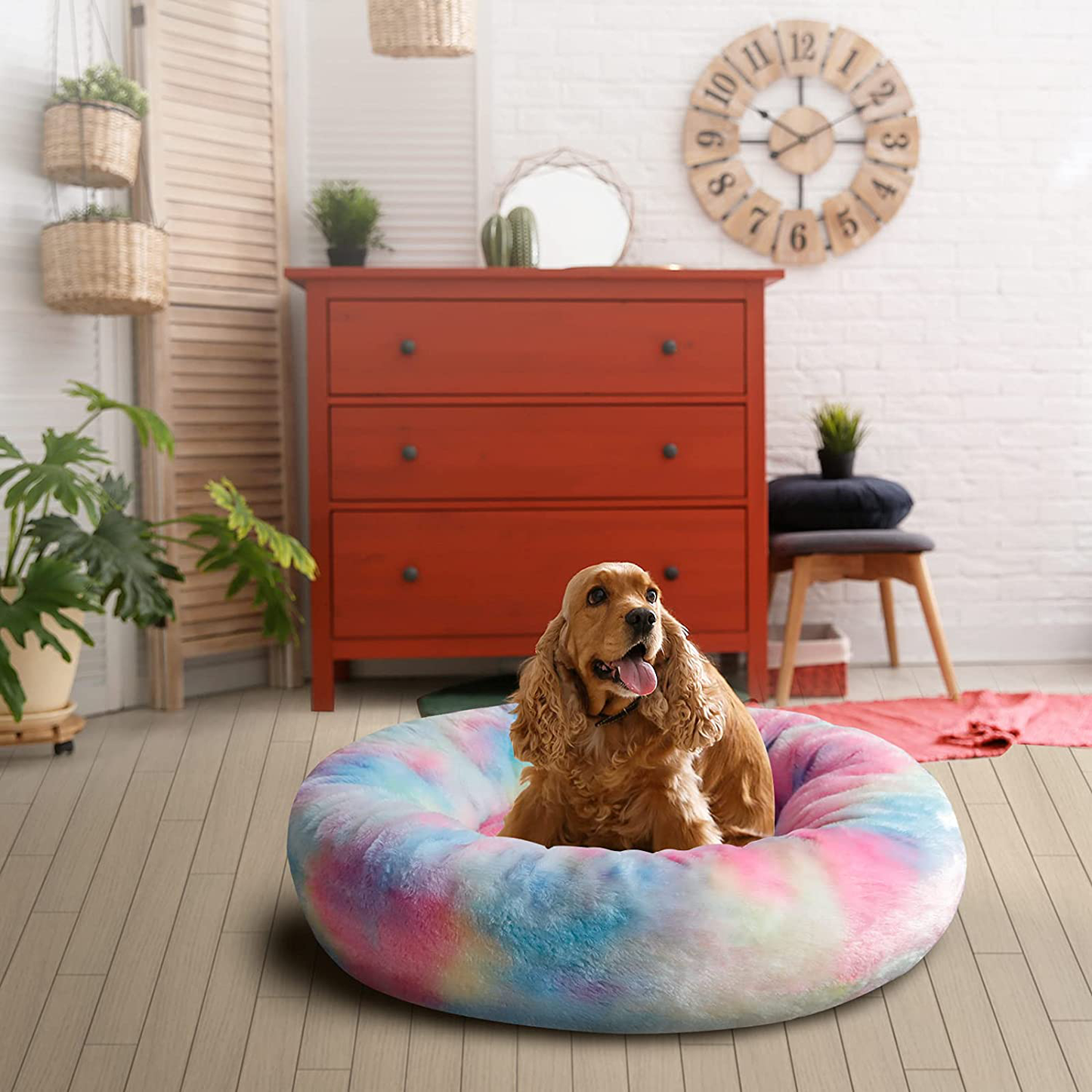 Tantivybo Donut Dog Bed & Cat Bed, Soft Faux Fur Plush Anti-Anxiety Pet Calming Bed, Washable Dog Cuddler Bed for Small Dogs Cats up to 25 Pounds ( 24'' X 24', Rainbow ) Animals & Pet Supplies > Pet Supplies > Dog Supplies > Dog Beds TantivyBo