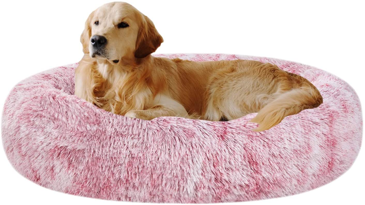 Coohom Oval Calming Donut Cuddler Dog Bed,Shag Faux Fur Cat Bed Washable round Pillow Pet Bed(30"/36") for Small Medium Dogs Animals & Pet Supplies > Pet Supplies > Dog Supplies > Dog Beds Cooby Pet Red XL(36"x27"x7")