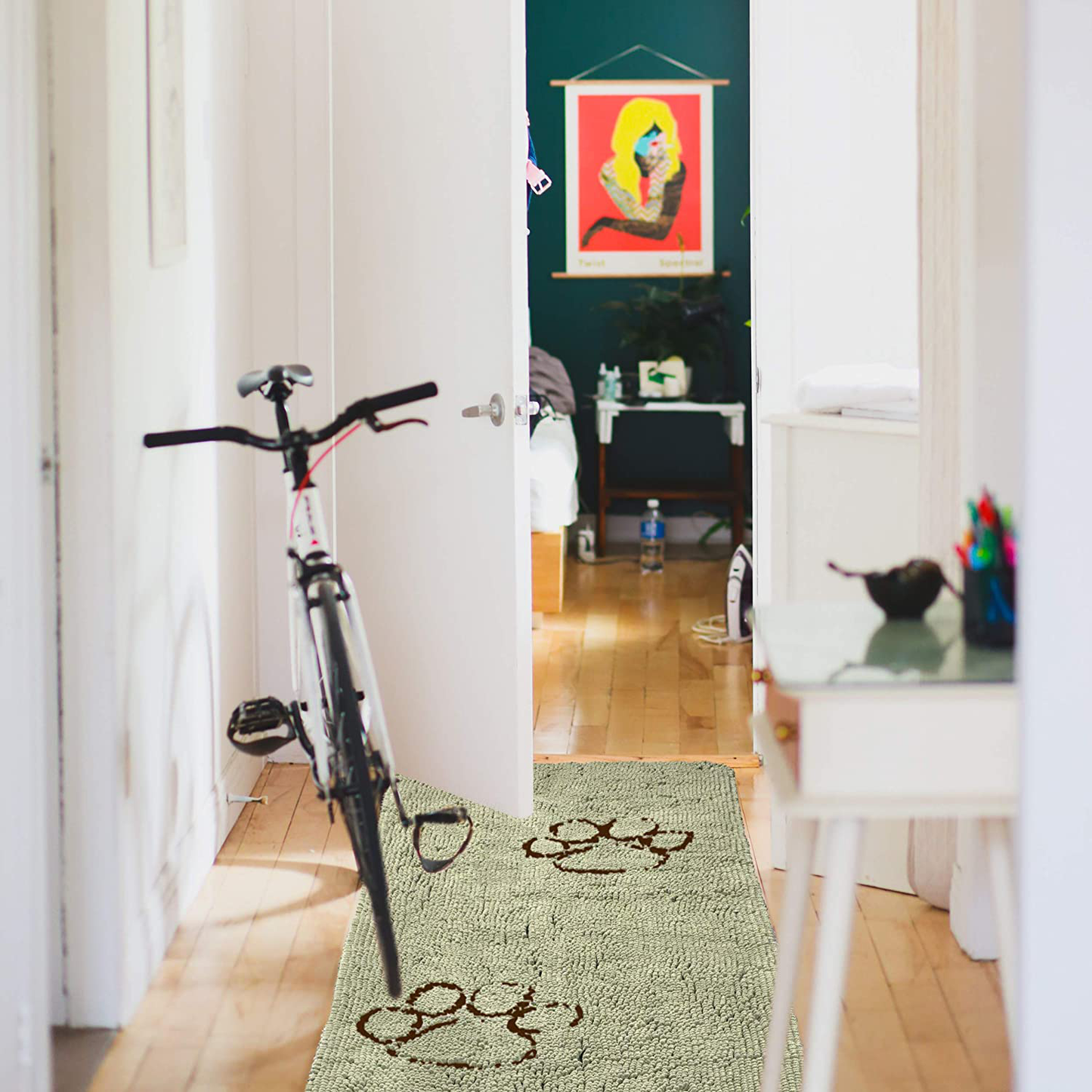 My Doggy Place - Ultra Absorbent Microfiber Dog Door Mat, Durable, Quick Drying, Washable, Prevent Mud Dirt, Keep Your House Clean (Sage Green W/Paw Print, Hallway Runner) - 8' X 2' Feet Animals & Pet Supplies > Pet Supplies > Dog Supplies > Dog Houses Downtown Pet Supply