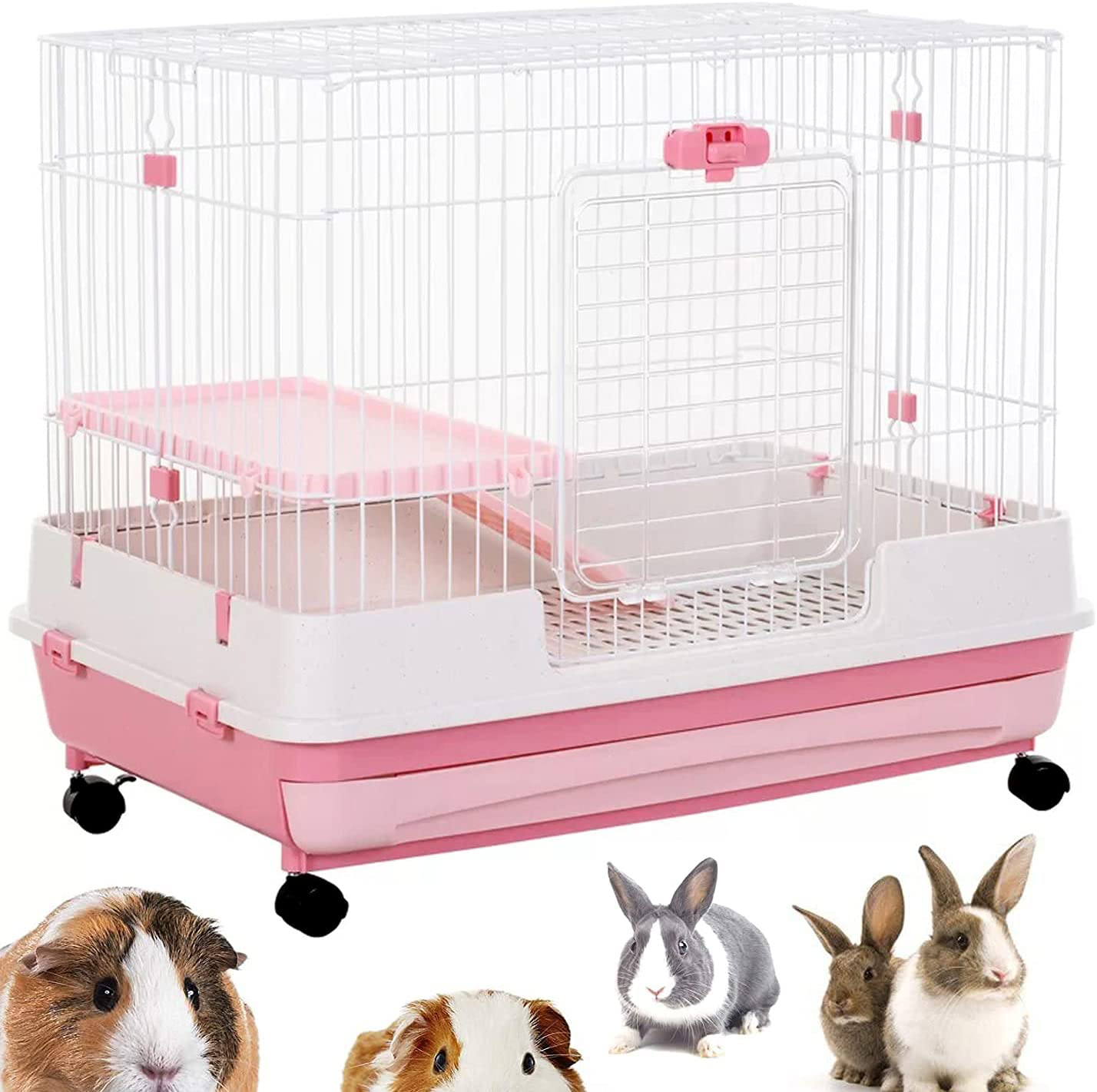 Mcage Large 32”L Indoor Small Animal Rabbit Cage Small Animal Hutch with Lockable Wheels Animals & Pet Supplies > Pet Supplies > Small Animal Supplies > Small Animal Habitats & Cages Mcage Pink 2-Levels