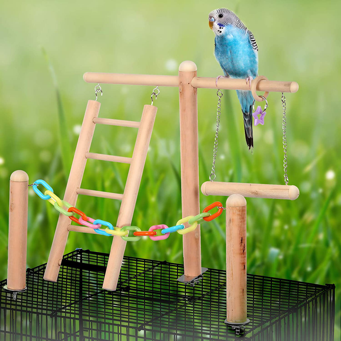 SAWMONG Wooden Bird Play Stand Perch Set, Training Stand with Climbing Ladder, Parrot Playground Birdcage Swing Toy for Parakeets, Cockatiel Animals & Pet Supplies > Pet Supplies > Bird Supplies > Bird Gyms & Playstands SAWMONG