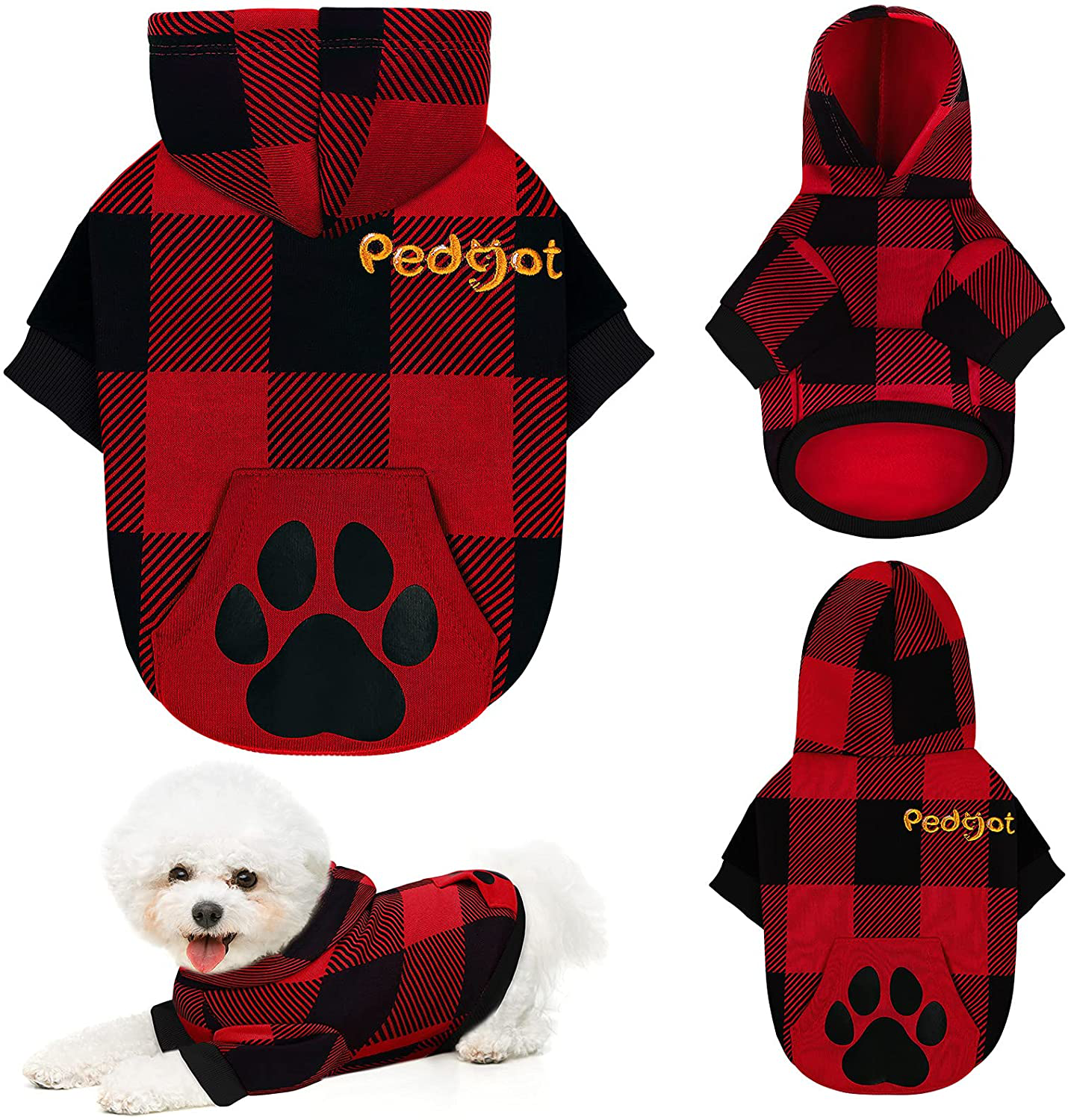Pedgot Plaid Dog Hoodie Pet Clothes with Hat Pet Sweaters for Dogs Puppies Cats Clothes with Dog Footprints Patterns Pocket, Warm, Soft and Breathable Animals & Pet Supplies > Pet Supplies > Dog Supplies > Dog Apparel Pedgot
