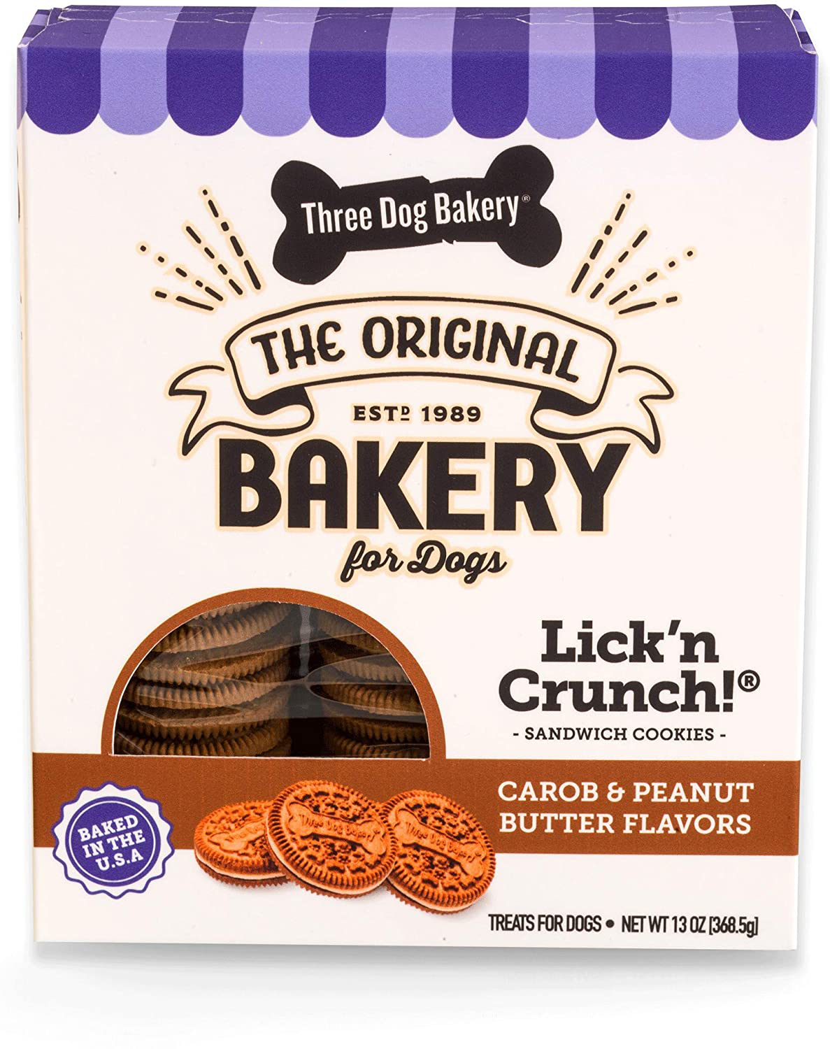 Three Dog Bakery Lick'N Crunch Sandwich Cookies, Golden & Vanilla Flavor, Premium Treats for Dogs, 13 and 8 Ounces Animals & Pet Supplies > Pet Supplies > Dog Supplies > Dog Treats Three Dog Bakery Carob and Peanut Butter 13 Ounce (Pack of 1)