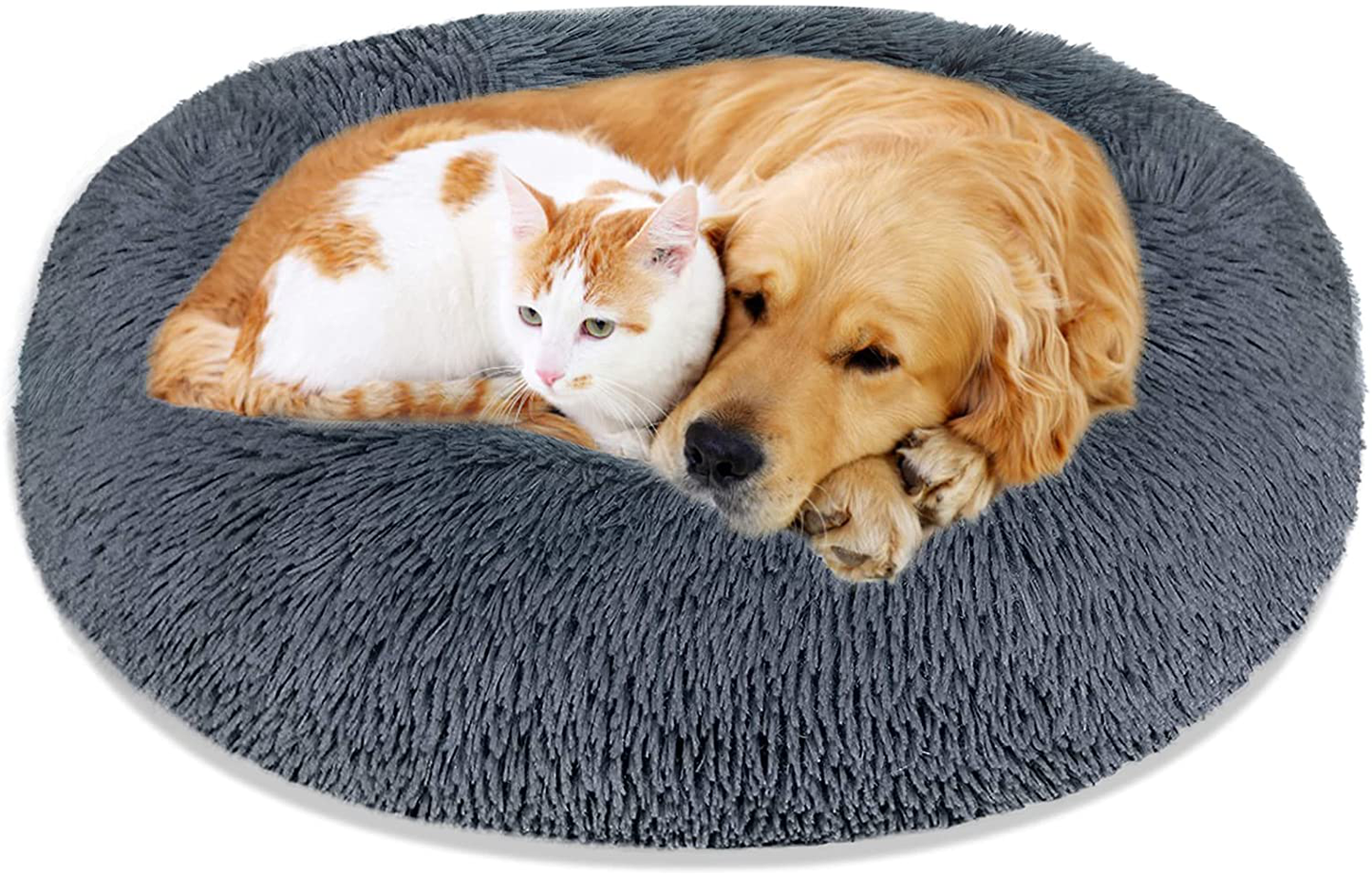 Calming Dog Bed Cat Bed, Washable round Dog Bed - 23/30/36 Inches Anti-Slip Faux Fur Donut Cuddler Cat Bed for Small Medium Large Dogs - Fits up to 25/45/100 Lbs - Waterproof Bottom Animals & Pet Supplies > Pet Supplies > Dog Supplies > Dog Beds LALIPODA Dark Grey Large 36" x 36"