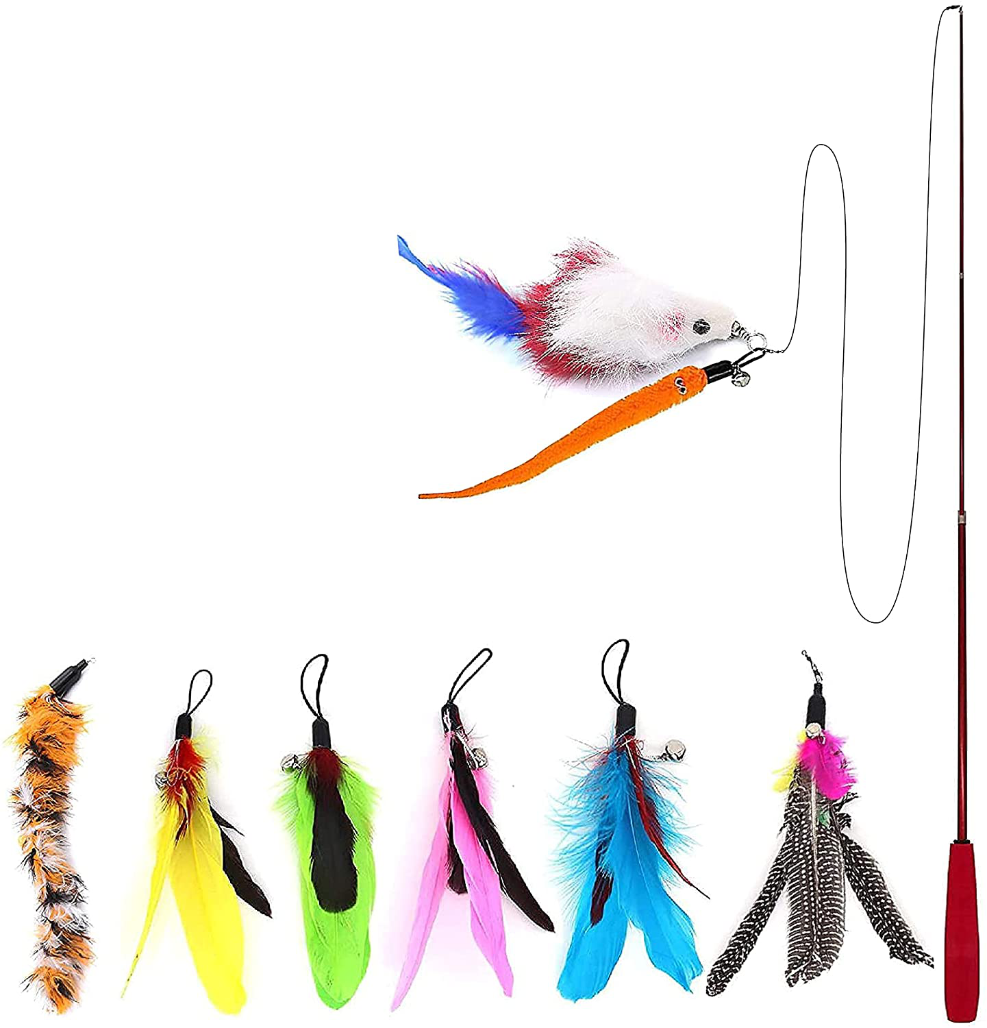 Cat Feather Toys 9 Piece Set, for Indoor Cats 1Pcs Retractable Cat