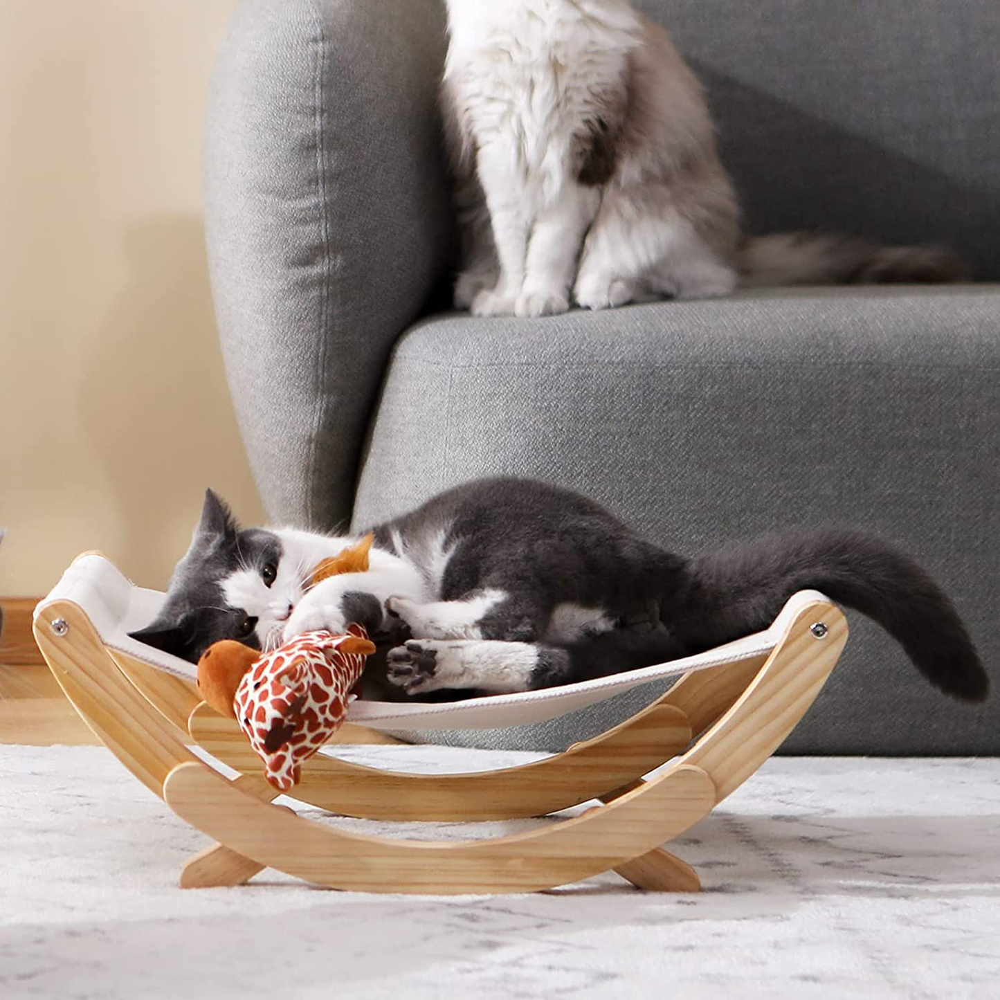 FUKUMARU Cat Hammock - New Moon Cat Swing Chair, Kitty Hammock Bed, Cat Furniture Gift for Your Small to Medium Size Cat or Toy Dog (Upgrade - Beige) Animals & Pet Supplies > Pet Supplies > Dog Supplies > Dog Beds FUKUMARU
