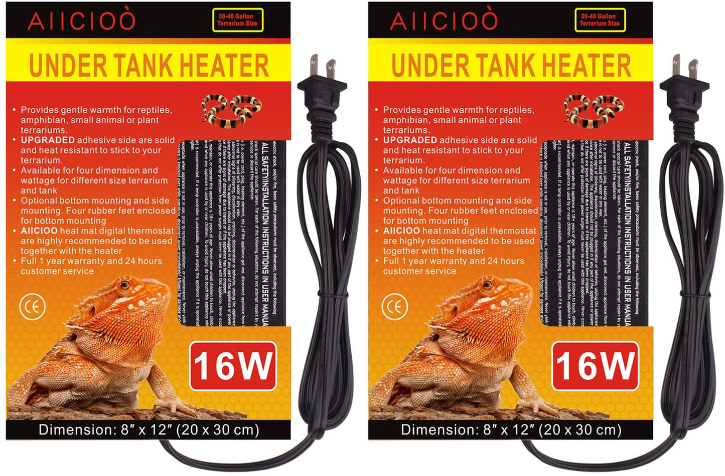 Aiicioo Reptile Heating Pad - Hermit Crab Heater Heat Mat for Reptiles Snake Lizard Terrarium Animals & Pet Supplies > Pet Supplies > Reptile & Amphibian Supplies > Reptile & Amphibian Substrates Aiicioo 16W - 8X12Inch(2Pack)