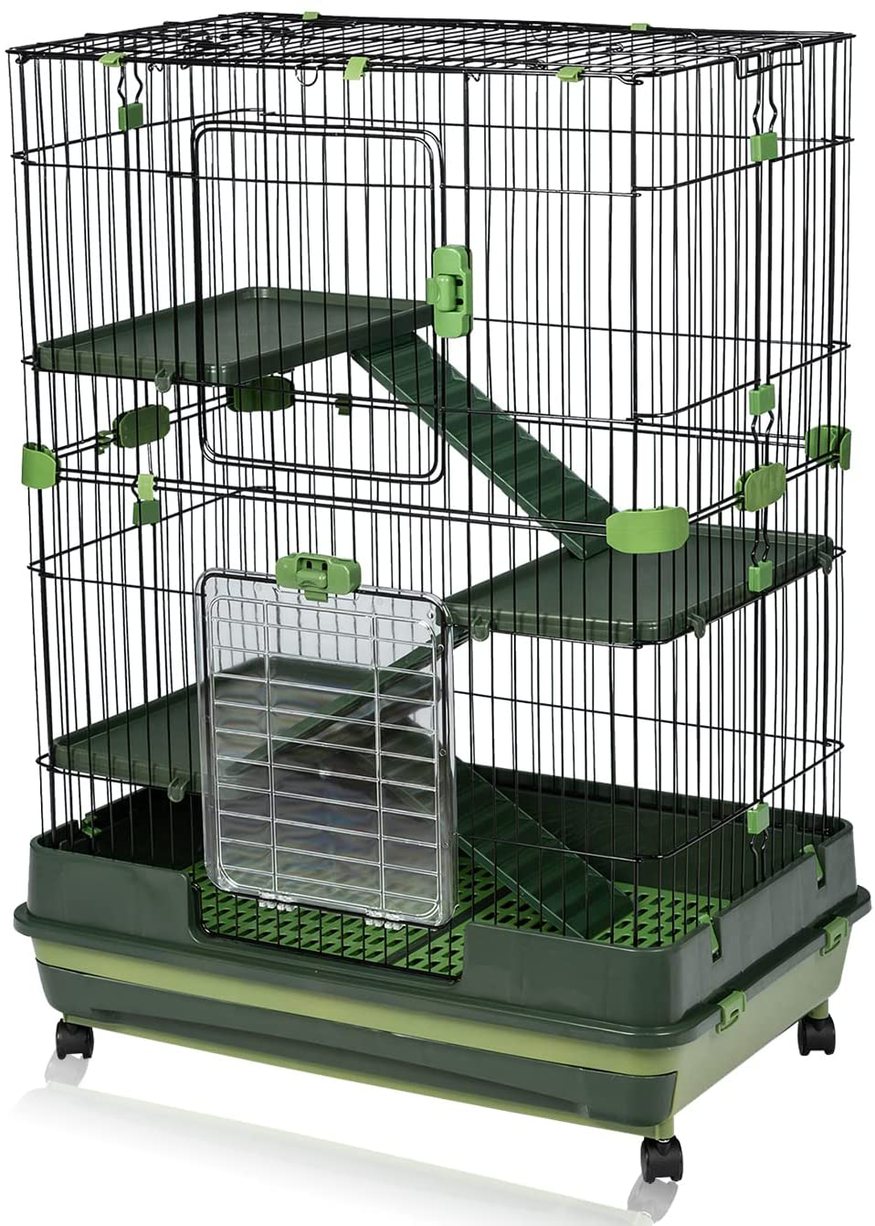 Runmade 4-Tier 32" Small Animal Metal Cage Height Adjustable Cage with Lockable Casters Grilles Pull-Out Tray for Rabbit Chinchilla Ferret Bunny Guinea Pig Squirrel Hedgehog Animals & Pet Supplies > Pet Supplies > Small Animal Supplies > Small Animal Habitats & Cages runmade green