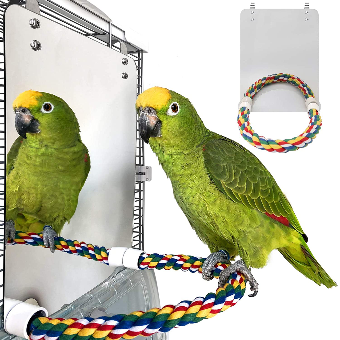BWOGUE 7 Inch Bird Mirror with Rope Perch Cockatiel Mirror for Cage Bird Toys Swing Parrot Cage Toys for Parakeet Cockatoo Cockatiel Conure Lovebirds Finch Canaries Animals & Pet Supplies > Pet Supplies > Bird Supplies > Bird Cage Accessories BWOGUE Large(10.6 * 7.87)