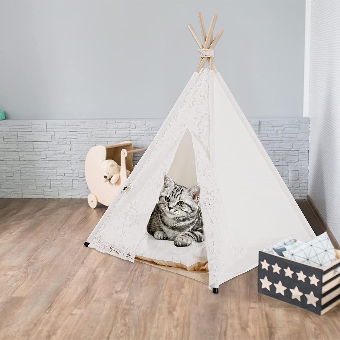 DEWEL Pet Teepee with Cushion Dog & Cat Tent with Soft Bed Portable Pet House for Small Medium Dogs and Cats, 27.5 Inch Tall Foldable Pet Teepee Tent for Puppy and Rabbit Indoor Animals & Pet Supplies > Pet Supplies > Dog Supplies > Dog Houses DEWEL