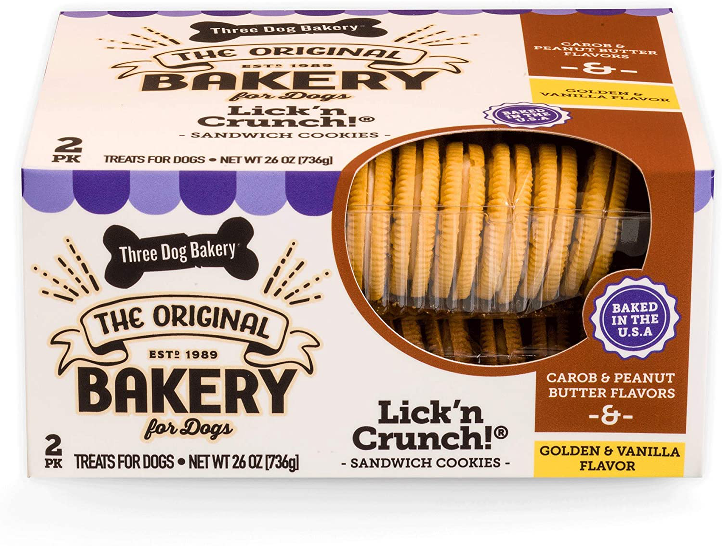 Three Dog Bakery Lick'N Crunch Sandwich Cookies Premium Dog Treats with No Artificial Flavors, Carob/Peanut Butter, Golden/Vanilla, and Golden/Peanut Butter, 39 Ounces (Pack of 1) Animals & Pet Supplies > Pet Supplies > Dog Supplies > Dog Treats Three Dog Bakery