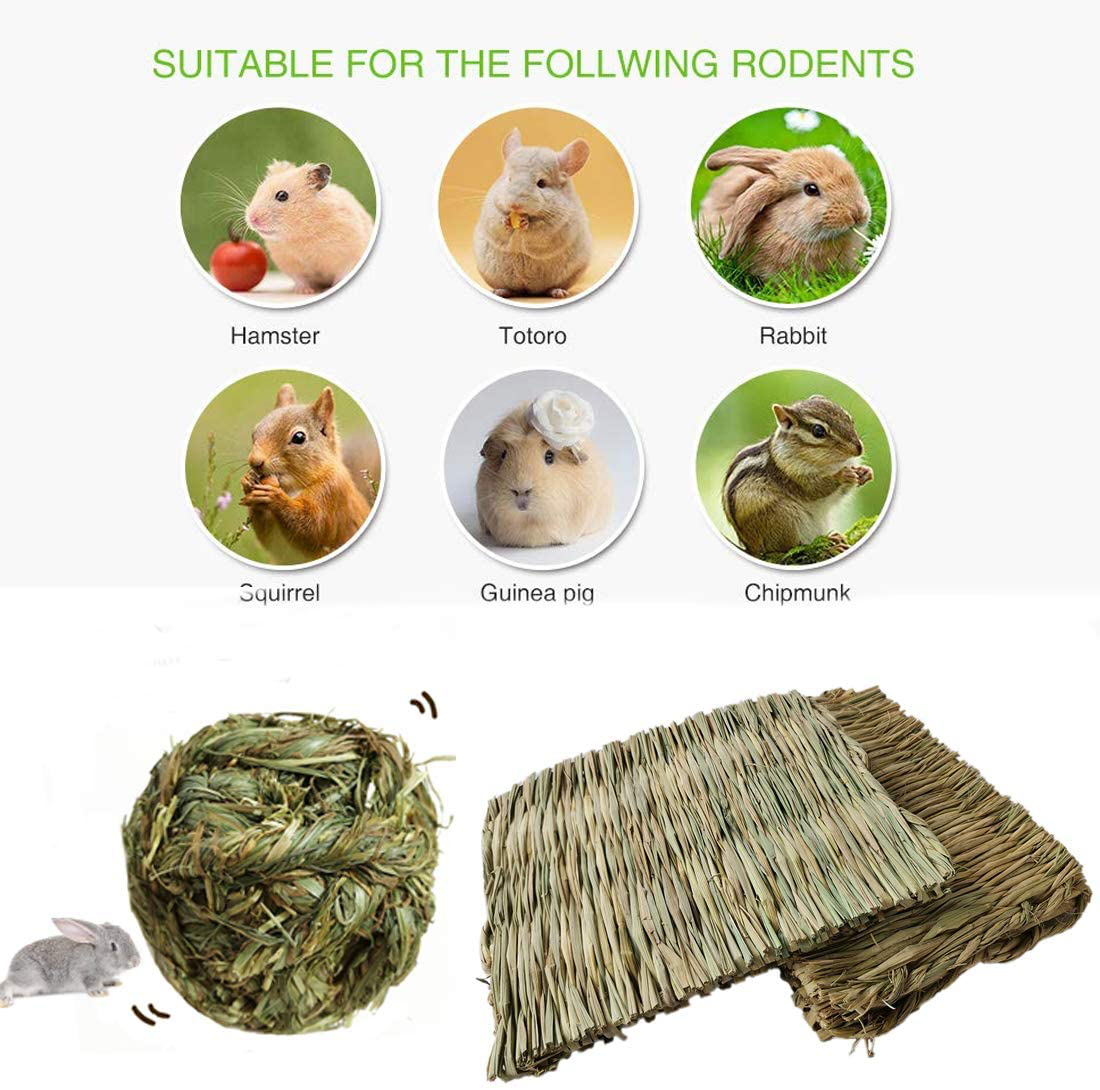 Hamiledyi 3Pcs Grass Mat Woven Bed Mat for Bunny 3Pcs Rabbit Chew Ball Timothy Grass Grinding Small Animal Bedding Nest Activity Play Chew Toys for Guinea Pig Gerbils Hamster Rat Animals & Pet Supplies > Pet Supplies > Small Animal Supplies > Small Animal Bedding Hamiledyi