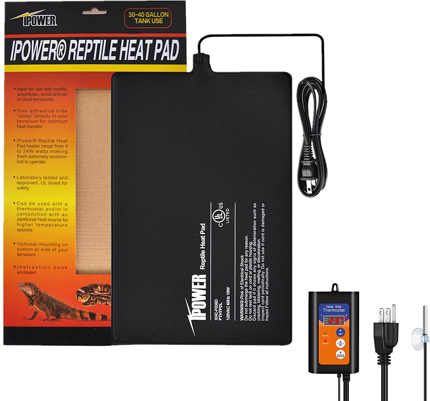 Ipower Reptile Heat Pad 4W/8W/16W/24W under Tank Terrarium Warmer Heating Mat and Digital Thermostat Controller for Turtles Lizards Frogs and Other Small Animals, Multi Sizes Animals & Pet Supplies > Pet Supplies > Reptile & Amphibian Supplies > Reptile & Amphibian Substrates iPower Pad + Thermostat 6 X 8 Inch