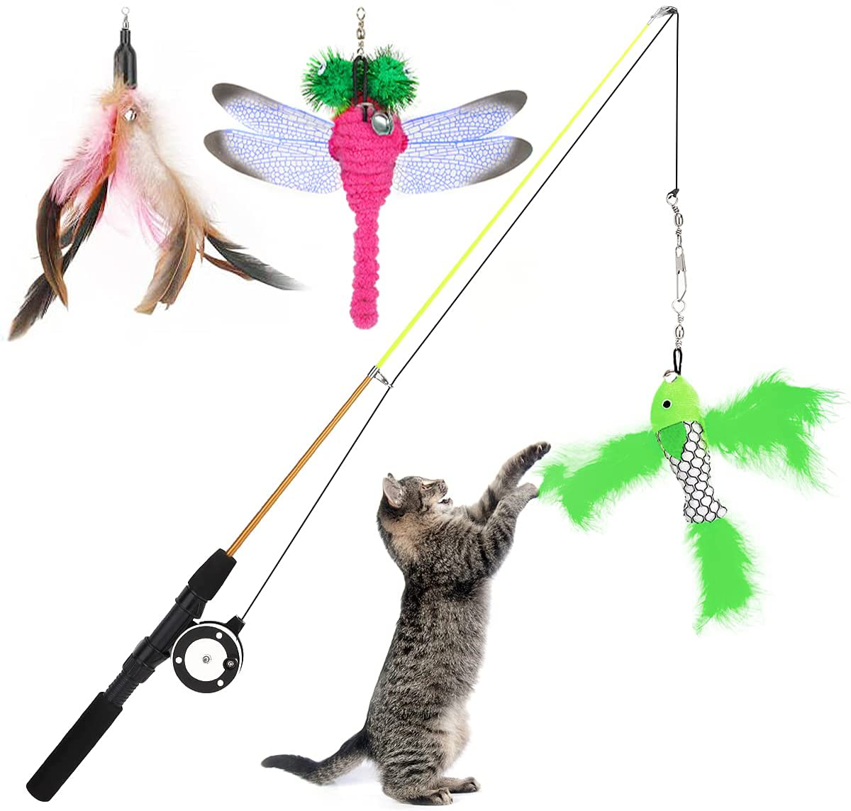 Vavopaw Cat Feather Teaser Wand Toy, Cat Interactive Retractable Fishing Pole, Funny Cat Stick Sea Rod Cat Feather Playing Toy Pet Companion Toys, 1 Wand & 3 Interchangeable Toys Animals & Pet Supplies > Pet Supplies > Cat Supplies > Cat Toys VavoPaw Pink+Green+Magenta