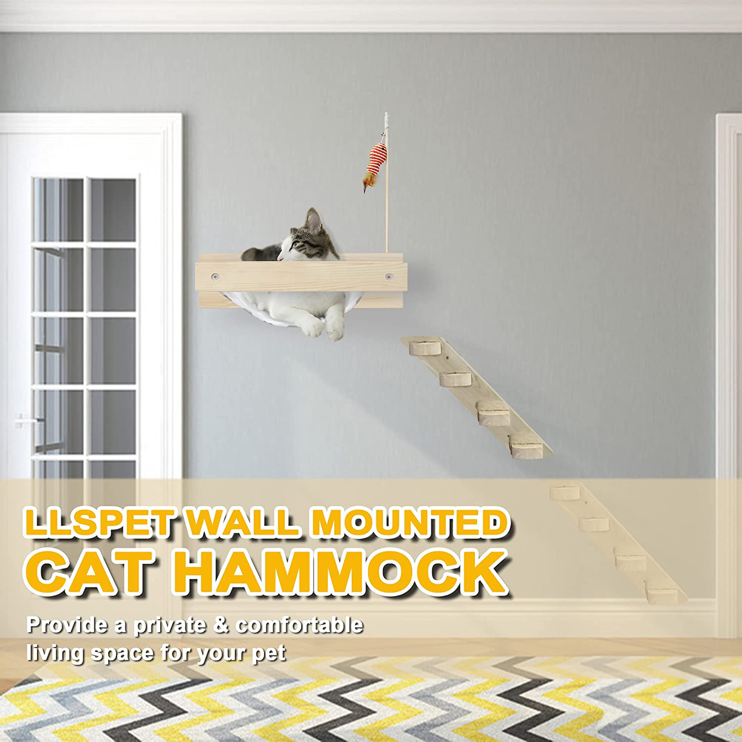 LLSPET Cat Hammock Wall Mounted with Interactive Cat Wand Toys, Natural Pine Hanging Cat Bed & Furniture, Wooden Perches for Medium and Large Cat to Hide, Overlook and Sleep Animals & Pet Supplies > Pet Supplies > Cat Supplies > Cat Furniture LLSPET