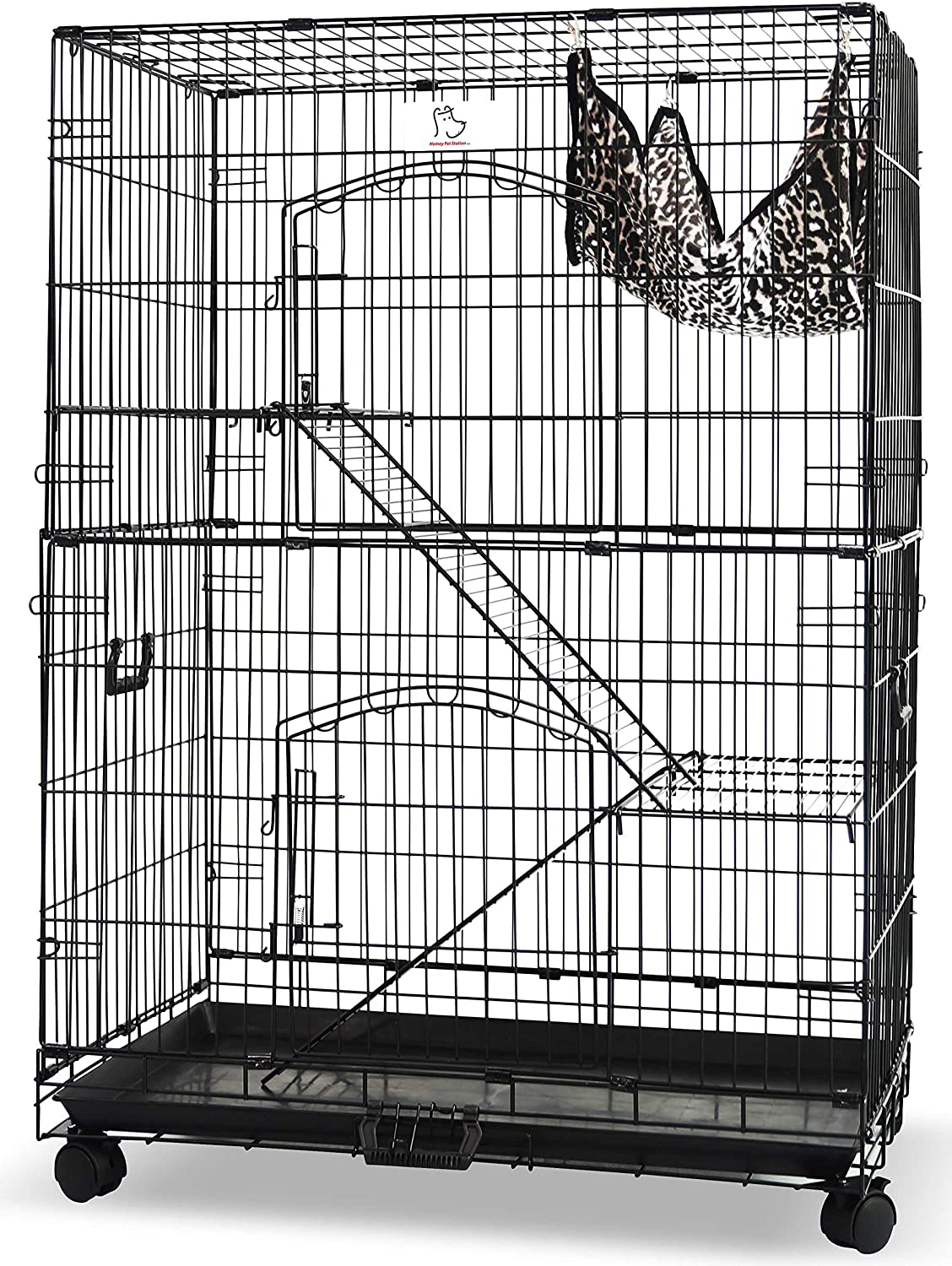 HOMEY PET INC 30" and 36" Folding Wire Cat Ferret Habitat Crate with Casters,Tray and Hammock,Collapsible Large Cat Home Indoor on Wheels Animals & Pet Supplies > Pet Supplies > Small Animal Supplies > Small Animal Habitat Accessories HOMEY PET INC 30"