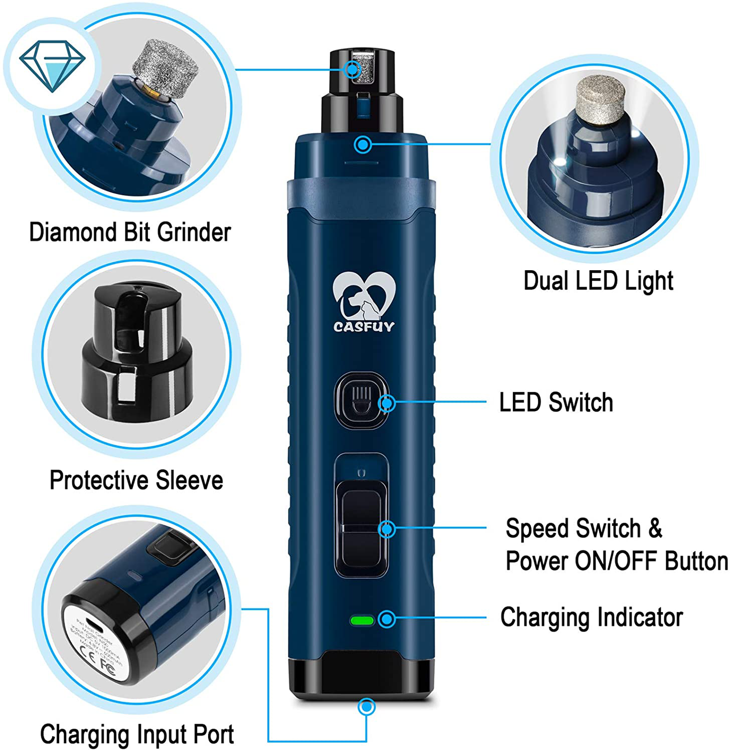 Casfuy Dog Nail Grinder with 2 LED Light for Large Medium Dogs - 3X More Powerful 2-Speed Electric Pet Nail Trimmer Rechargeable Quiet Painless Paws Grooming & Smoothing Tool Animals & Pet Supplies > Pet Supplies > Bird Supplies > Bird Treats Casfuy