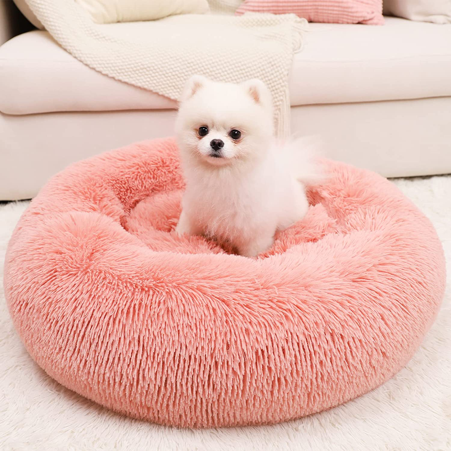 WAYIMPRESS Calming Dog Bed for Small Dog&Cat ,Comfy Self Warming round Dog Bed with Fluffy Faux Fur for anti Anxiety and Cozy Animals & Pet Supplies > Pet Supplies > Cat Supplies > Cat Beds WAYIMPRESS pink 28x28 inch