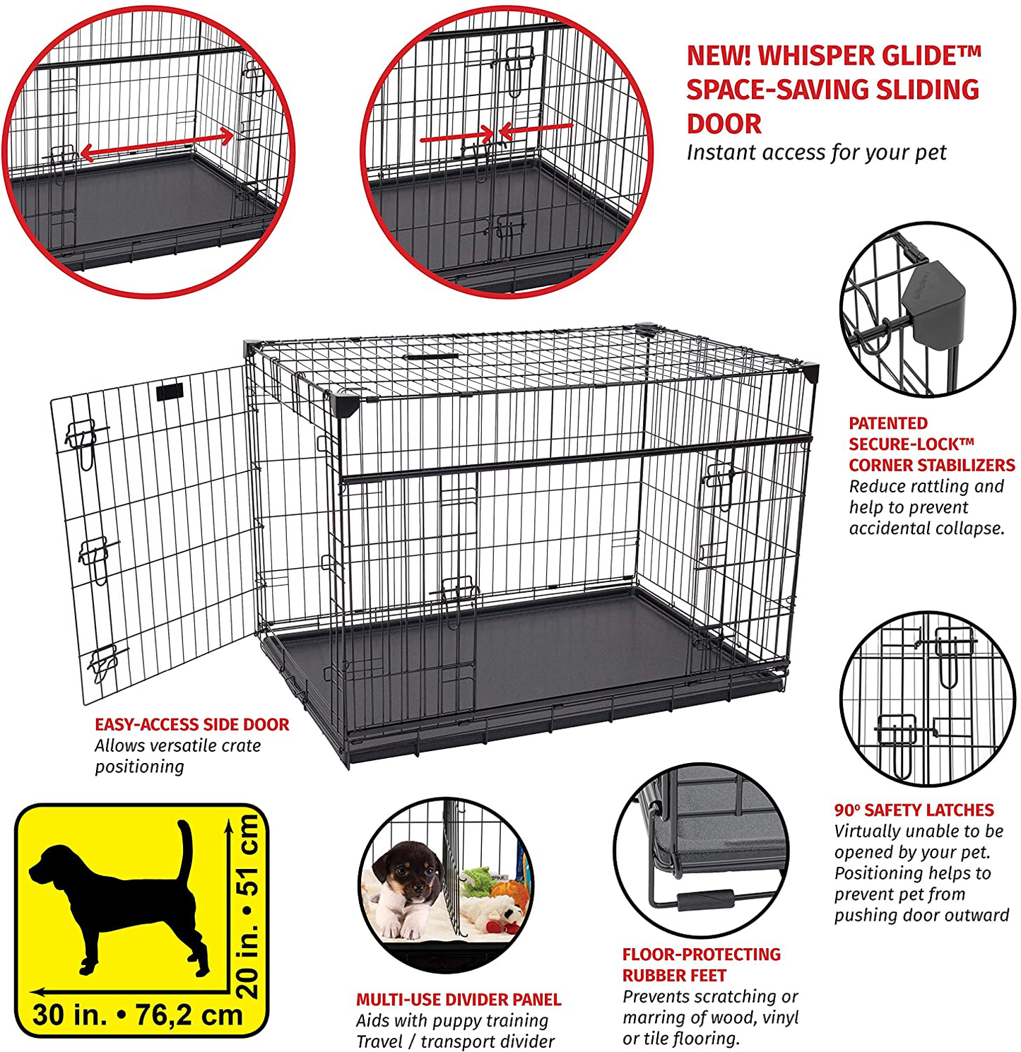 Lucky Dog 36” (M/L) Slyder Whisper Glide Sliding Door Dog Crate | 2Nd Side Door Access | Patented Corner Stabilizers | Removable Tray | Rubber Feet | Carrying Handle Animals & Pet Supplies > Pet Supplies > Dog Supplies > Dog Kennels & Runs Lucky Dog