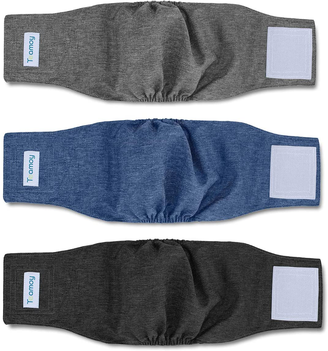 Teamoy 3Pcs Reusable Wrap Diapers for Male Dogs, Washable Puppy Belly Band Animals & Pet Supplies > Pet Supplies > Dog Supplies > Dog Diaper Pads & Liners Teamoy Black+ Gray+ Blue S(10"-13"Waist)