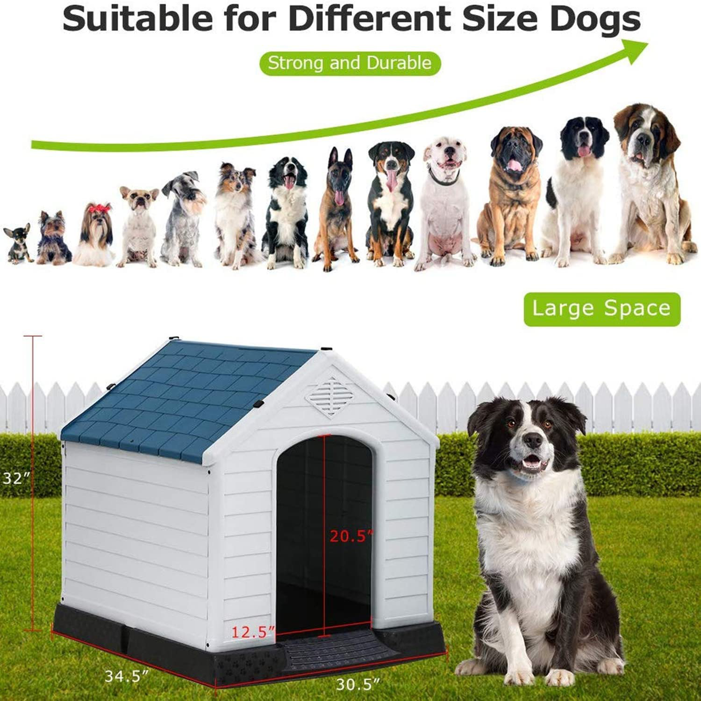 Large Dog House for Large Medium Dogs 32X30.5X34.5 Inches Plastic Water Resistant Dog Houses with Base Support for Winter Tough Durable House with Air Vents Elevated Floor Animals & Pet Supplies > Pet Supplies > Dog Supplies > Dog Houses FLL