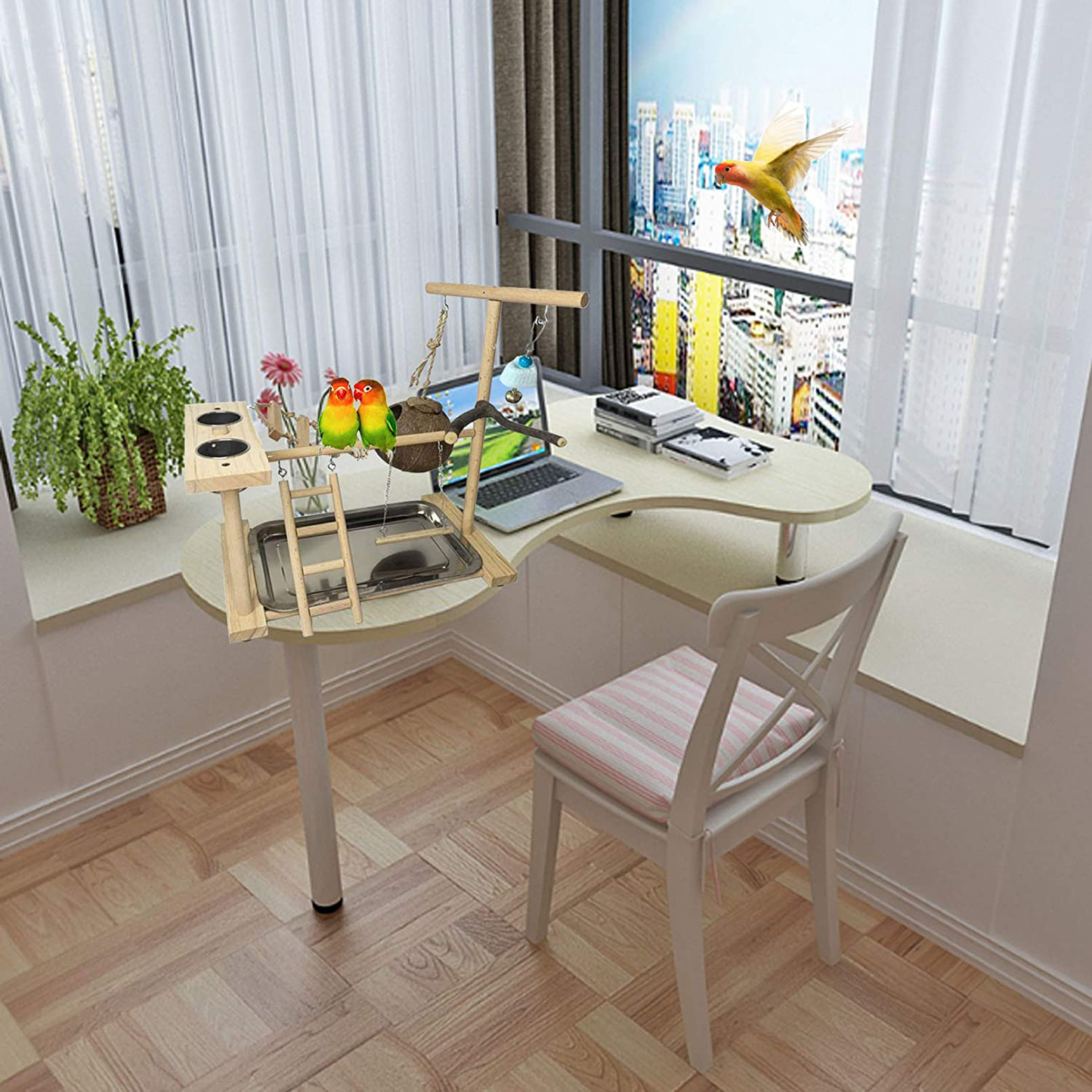 Parrots Playground Bird Play Stand Natural Wood Perch Gym Parakeet Nest Climb Swing Ladders with Feeder Cups Ladders Lovebirds Cage Accessories Toy Exercise Activity for Conure Cockatiel Lovebirds Animals & Pet Supplies > Pet Supplies > Bird Supplies > Bird Cages & Stands Hamiledyi