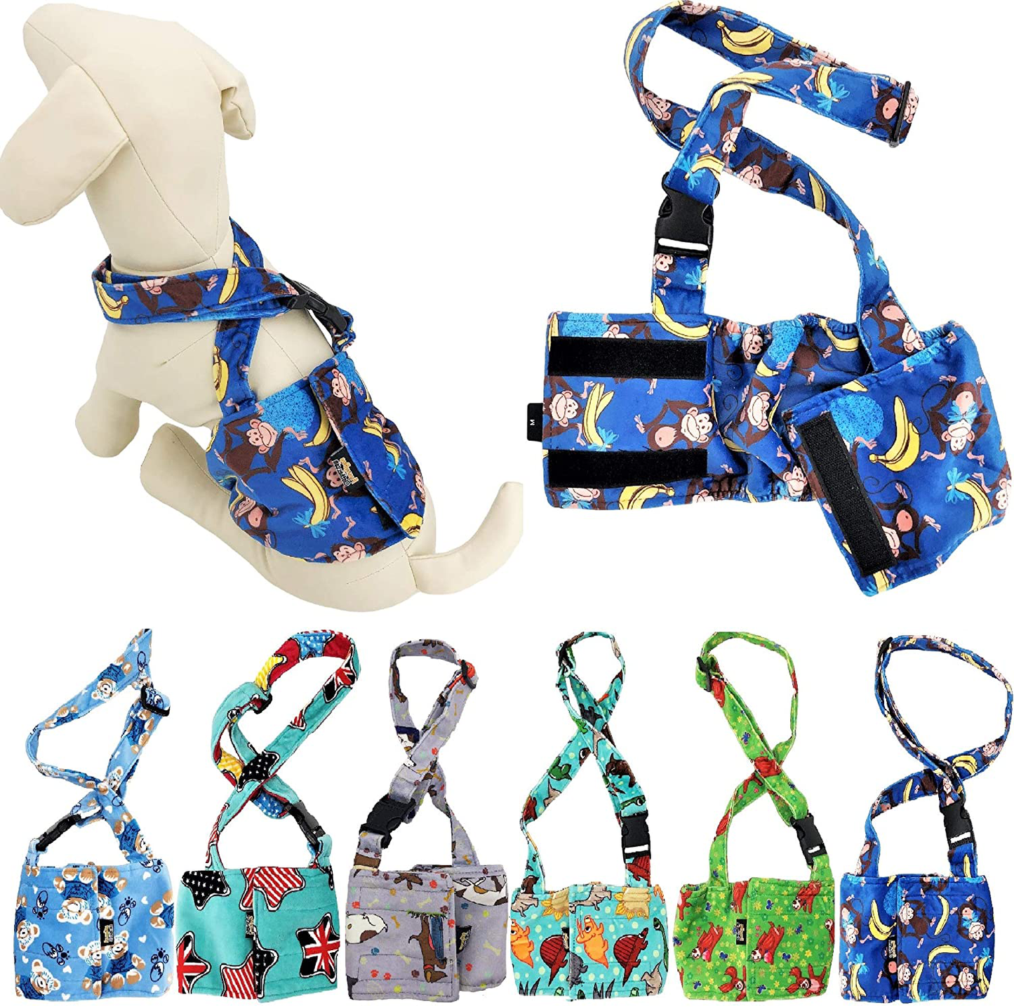 FUNNYDOGCLOTHES Dog Diaper for Male Boy Belly Band Reusable Washable with Suspenders Soft Fleece Animals & Pet Supplies > Pet Supplies > Dog Supplies > Dog Diaper Pads & Liners FUNNYDOGCLOTHES Blue Monkey S: WAIST 10" - 13"