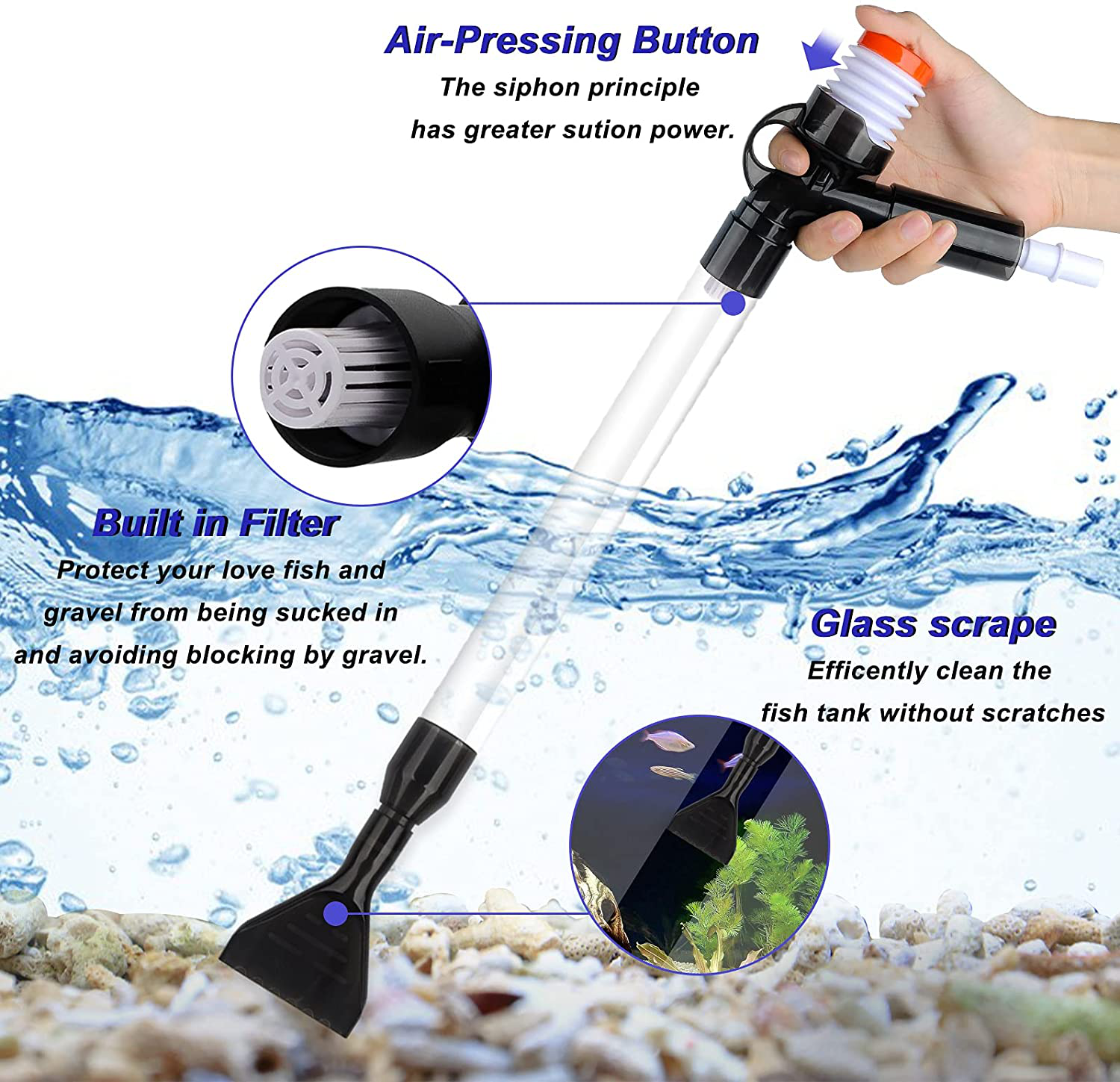Hachtecpet Aquarium Gravel Vacuum Cleaner: Quick Fish Tank Siphon Cleaning with Algae Scrapers Air-Pressing Button Water Changer Kit for Water Changing | Sand Cleaner