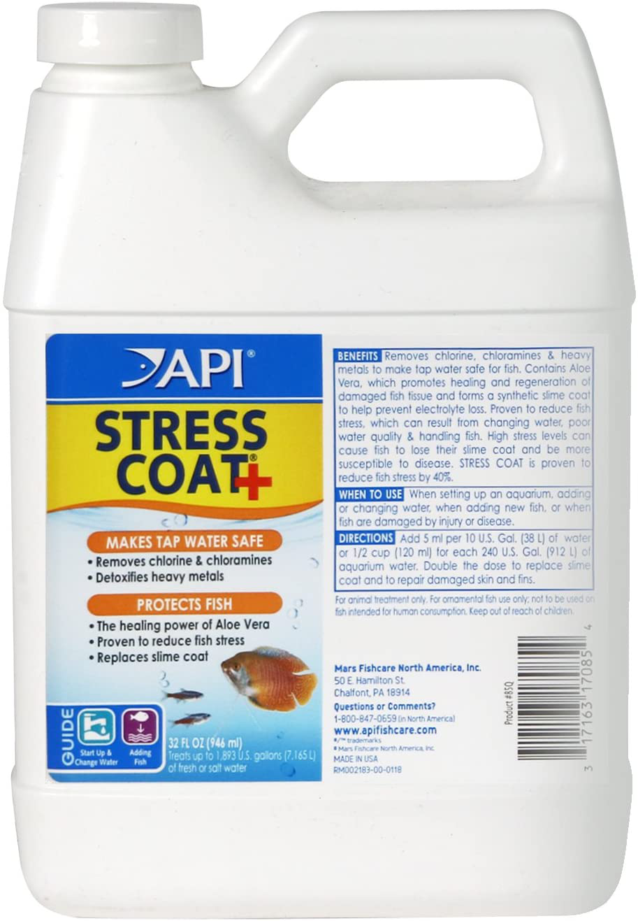 API Stress Coat Water Conditioner, Makes Tap Water Safe, Replaces Fish'S Protective Coat Damaged by Handling or Fish Fighting, Use When Adding or Changing Water, Adding Fish and When Fish Are Injured Animals & Pet Supplies > Pet Supplies > Fish Supplies > Aquarium Cleaning Supplies API Aquarium Treatment 32 Fl Oz (Pack of 1)
