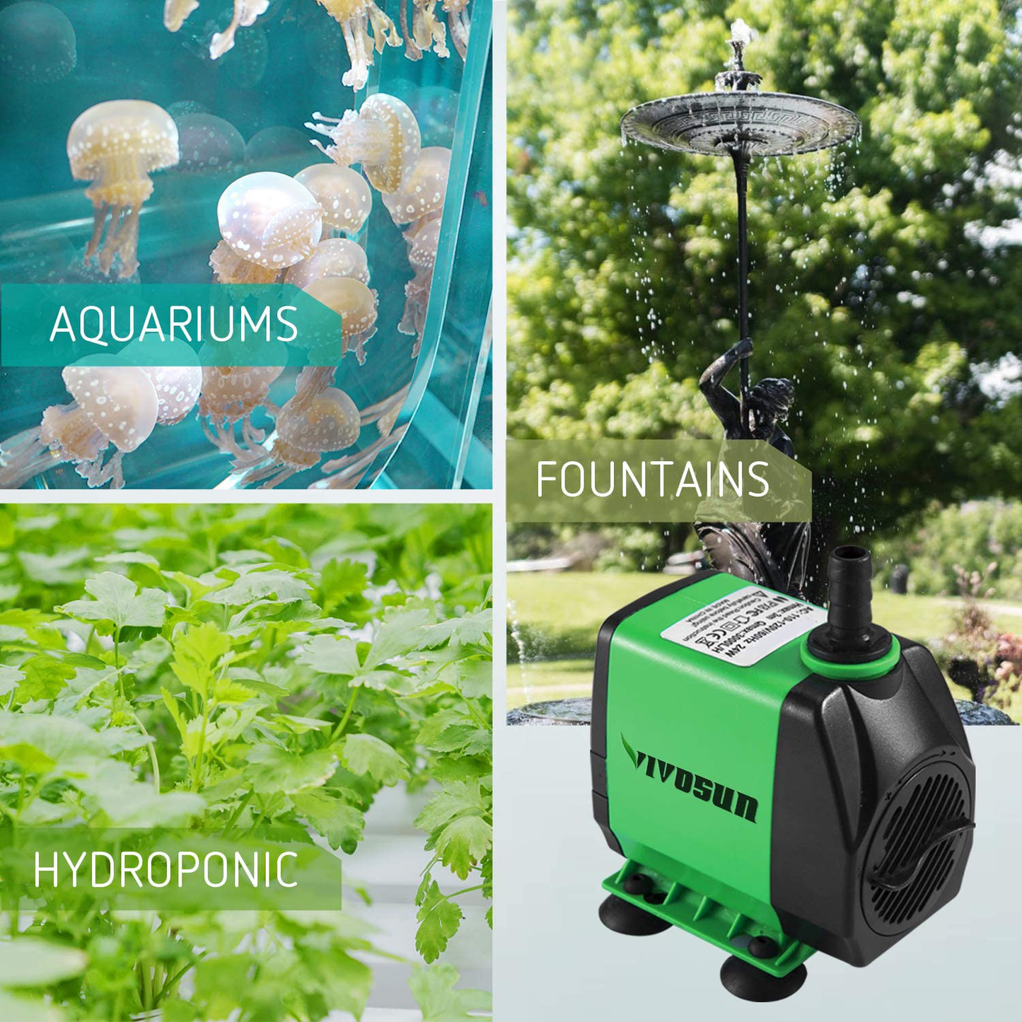 VIVOSUN 800GPH Submersible Pump(3000L/H, 24W), Ultra Quiet Water Pump with 10Ft. High Lift, Fountain Pump with 6.5Ft. Power Cord, 3 Nozzles for Fish Tank, Pond, Aquarium, Statuary, Hydroponics Animals & Pet Supplies > Pet Supplies > Fish Supplies > Aquarium & Pond Tubing VIVOSUN